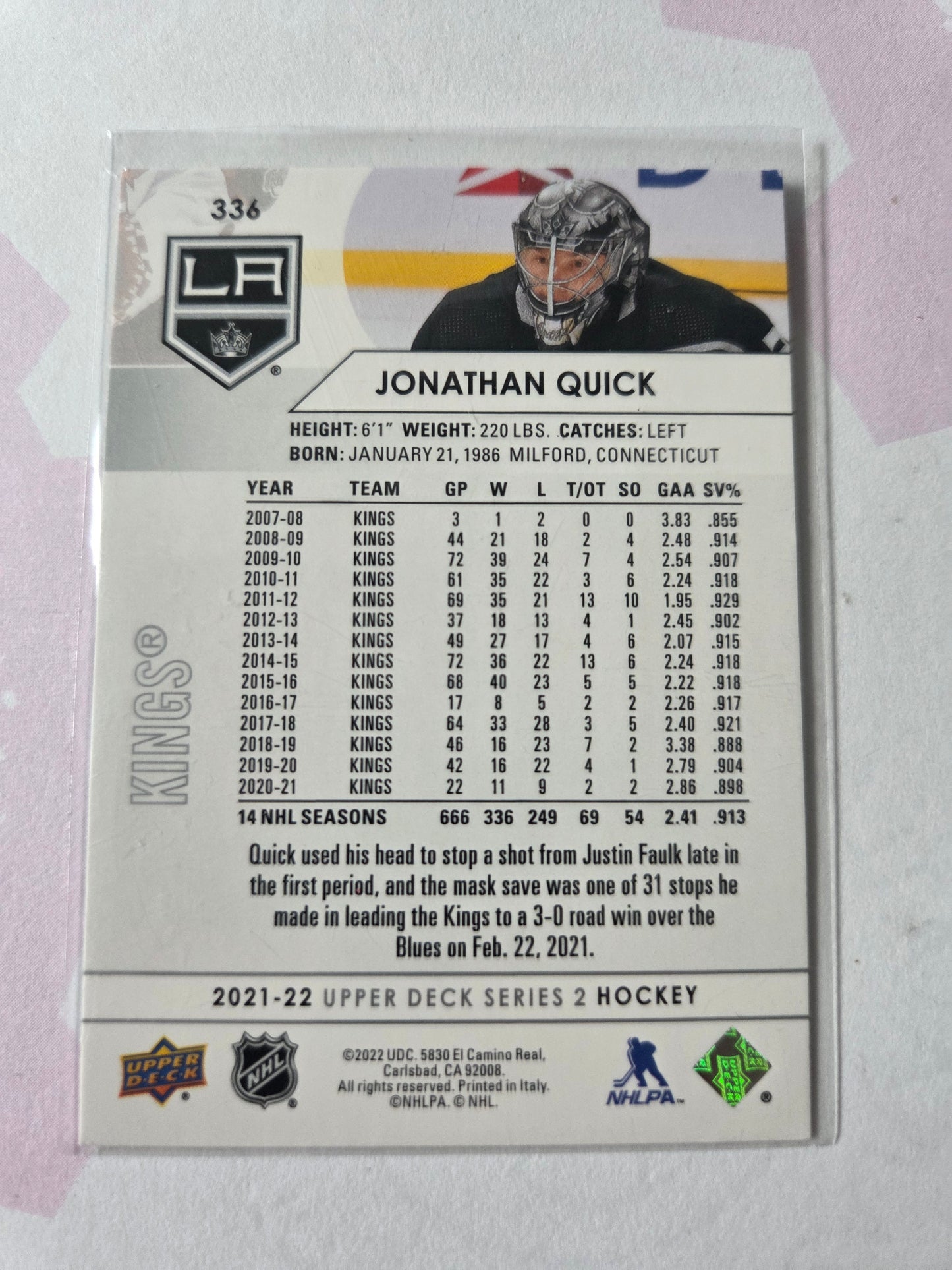 Jonathan Quick Upper Deck Series 2 #336 [Los Angeles Kings]
