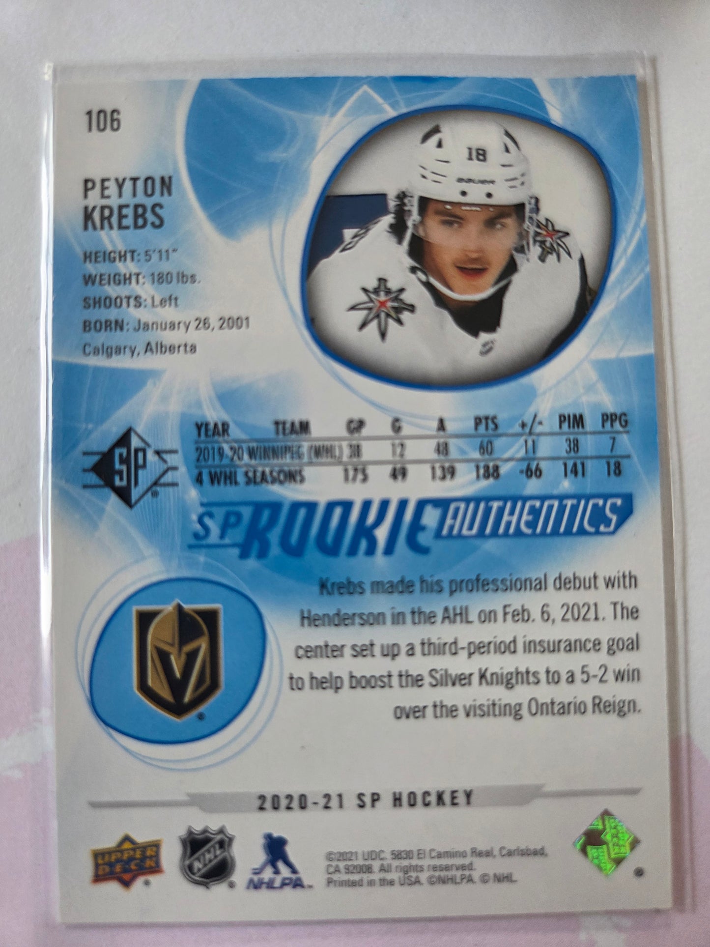 Peyton Krebs Blue SP Hockey Rookie Authentics #106 [Las Vegas Golden Knights]