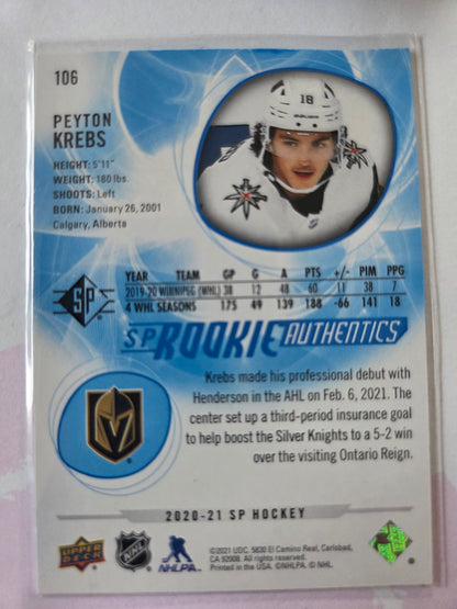 Peyton Krebs Blue SP Hockey Rookie Authentics #106 [Las Vegas Golden Knights]