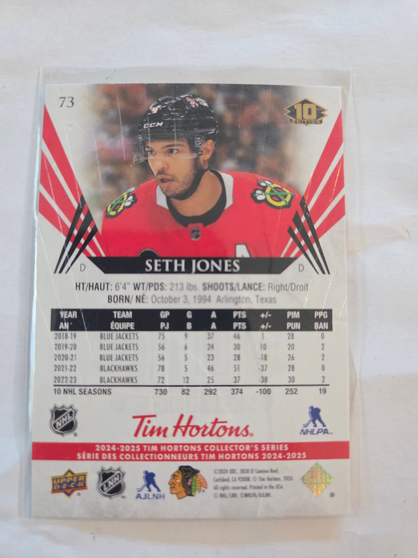 Seth Jones Upper Deck 10th Edition #73 [Chicago Blackhawks]