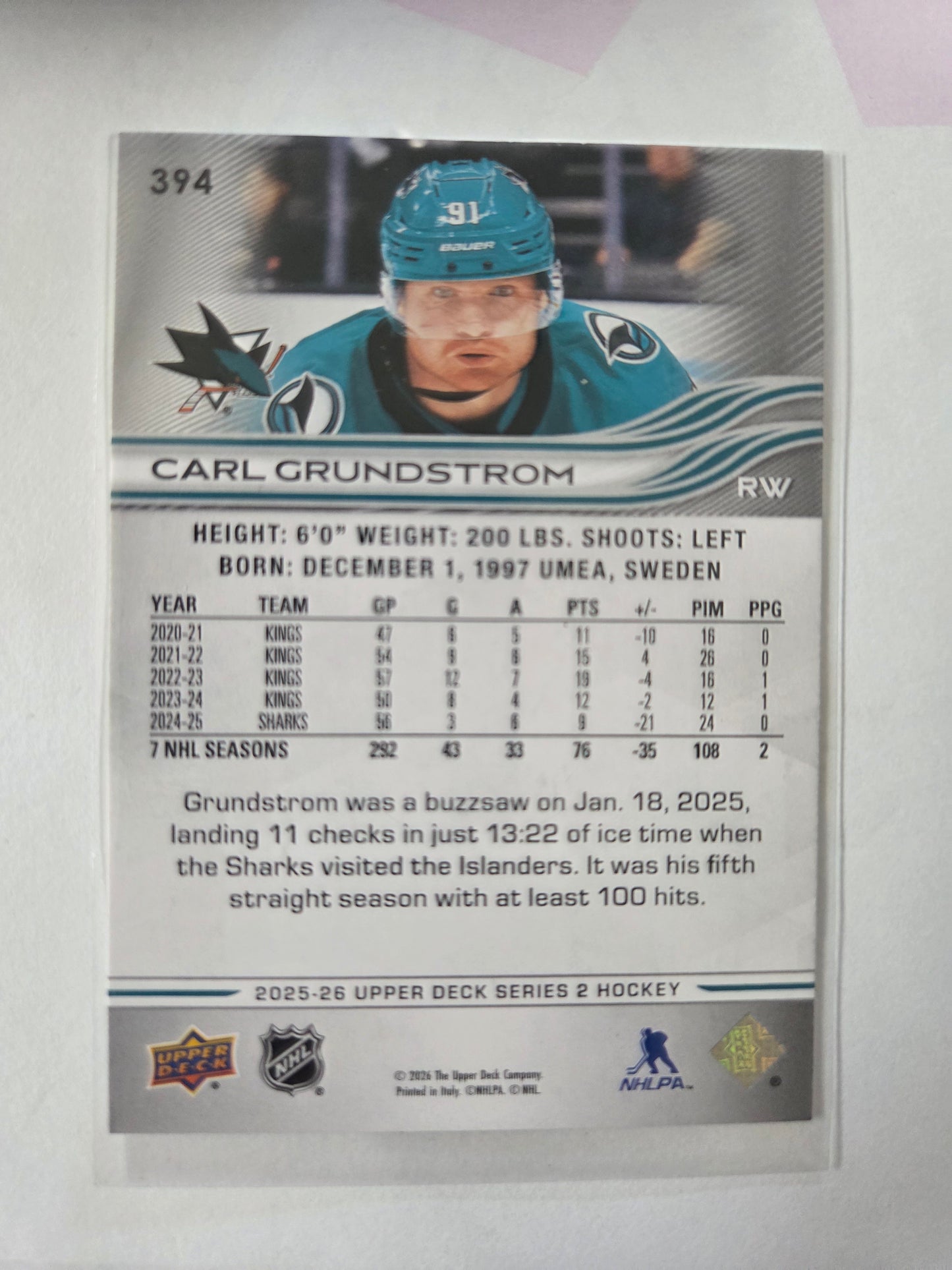 Carl Grundstrom Upper Deck Series 2 #394 [San Jose Sharks]