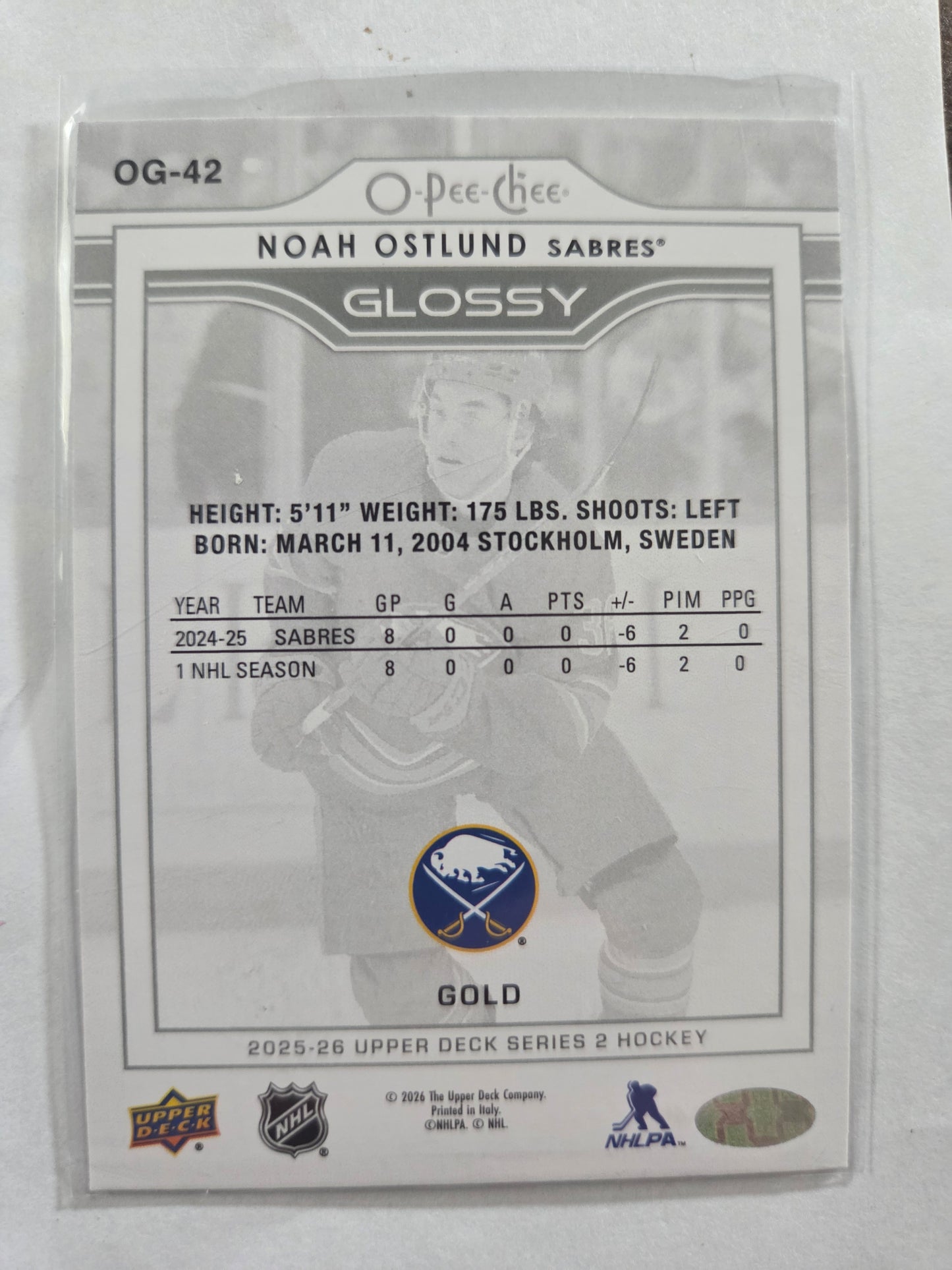 Noah Ostlund Gold Glossy Upper Deck Series 2 [Buffalo Sabres]