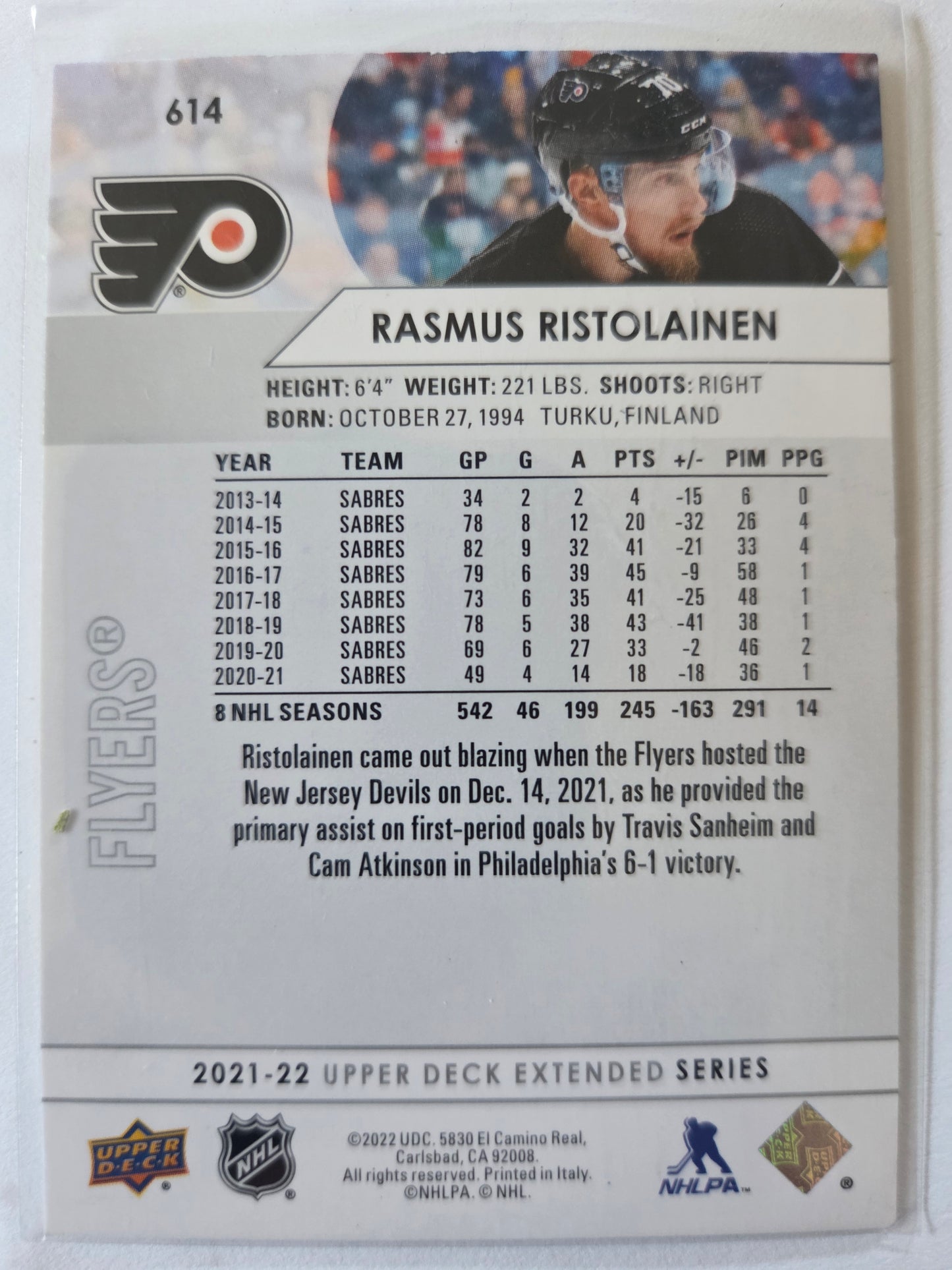 Rasmus Ristolainen Upper Deck Extended Series #614 [Philadelphia Flyers]