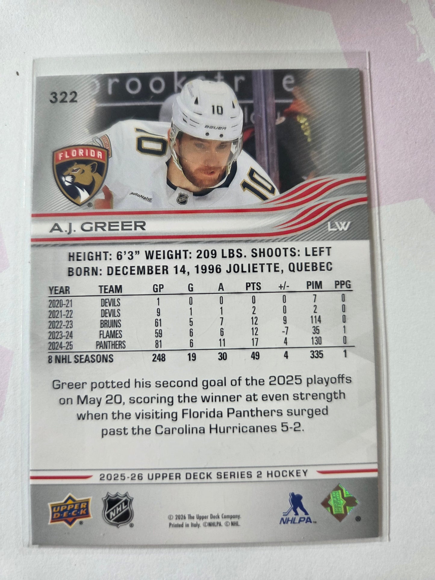 A.J. Greer Upper Deck Series 2 #322 [Florida Panthers]