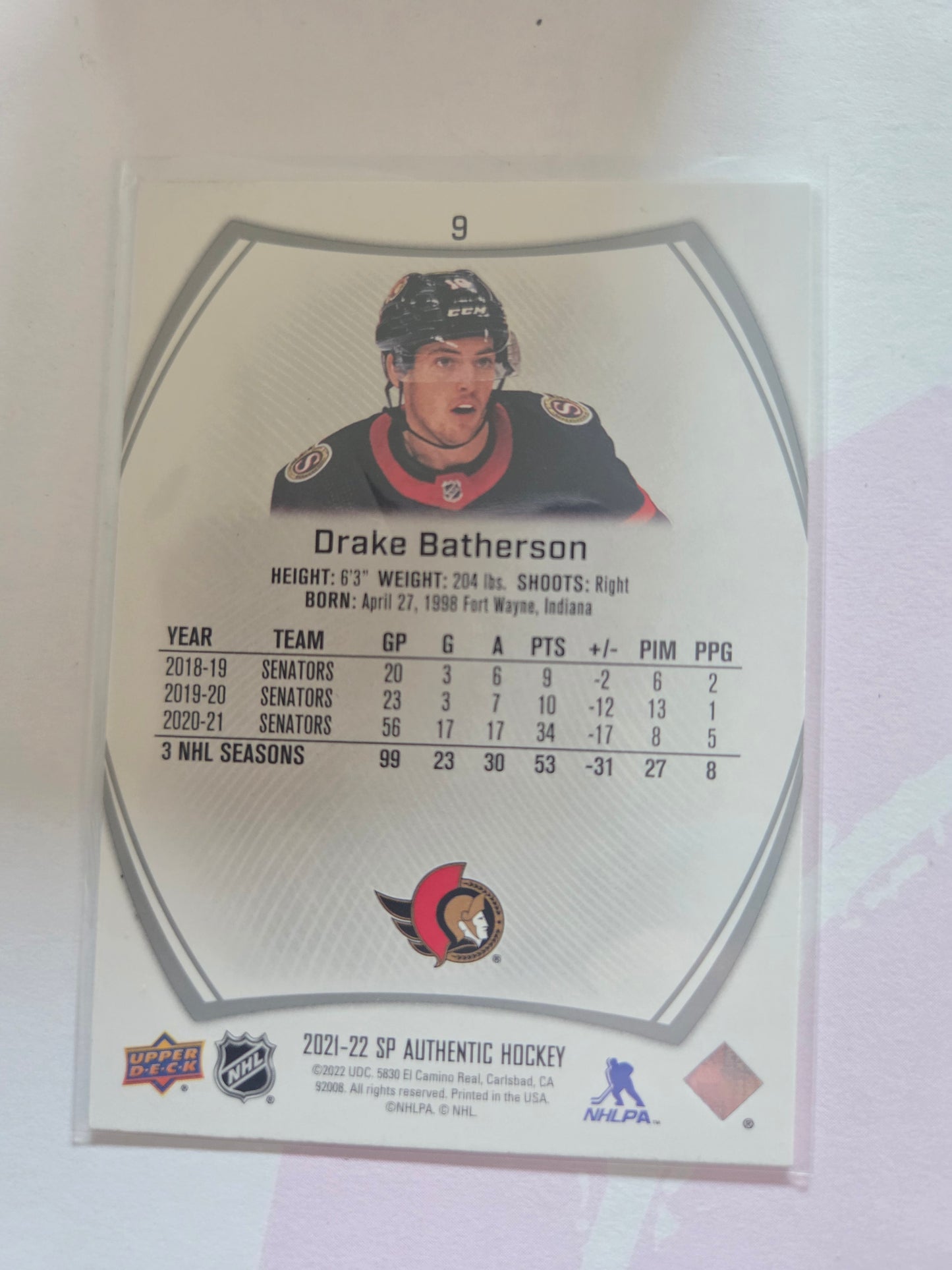 Drake Batherson SP Authentic Hockey #9 [Ottawa Senators]