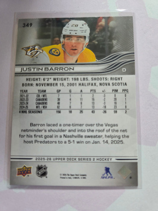 Justin Barron Upper Deck Series 2 #349 [Nashville Predators]