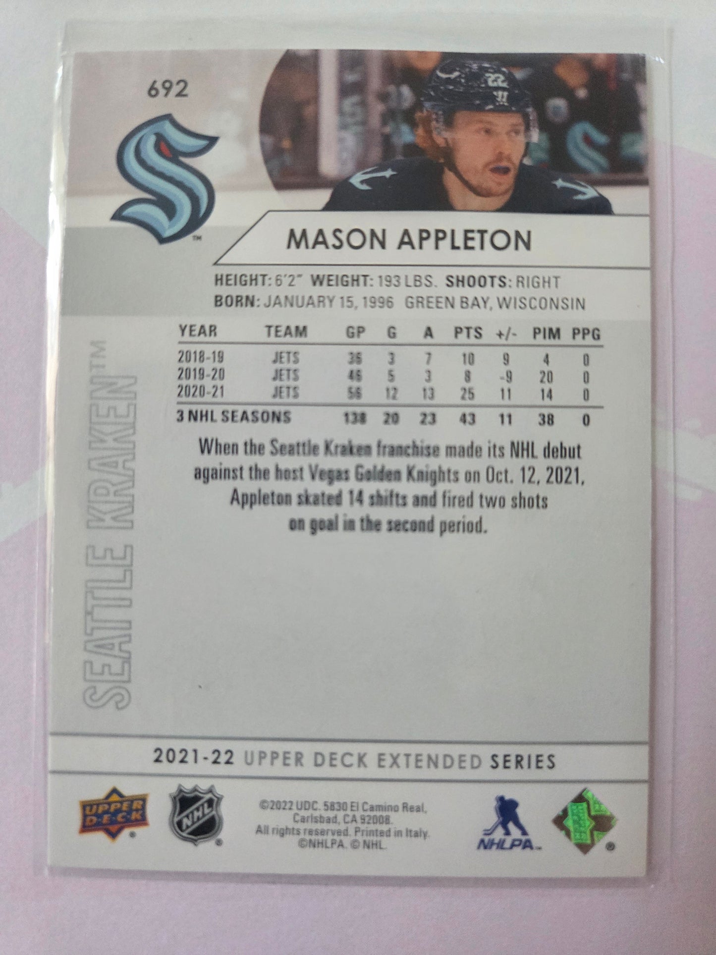 Mason Appleton Upper Deck Extended Series #692 [Seattle Kraken]