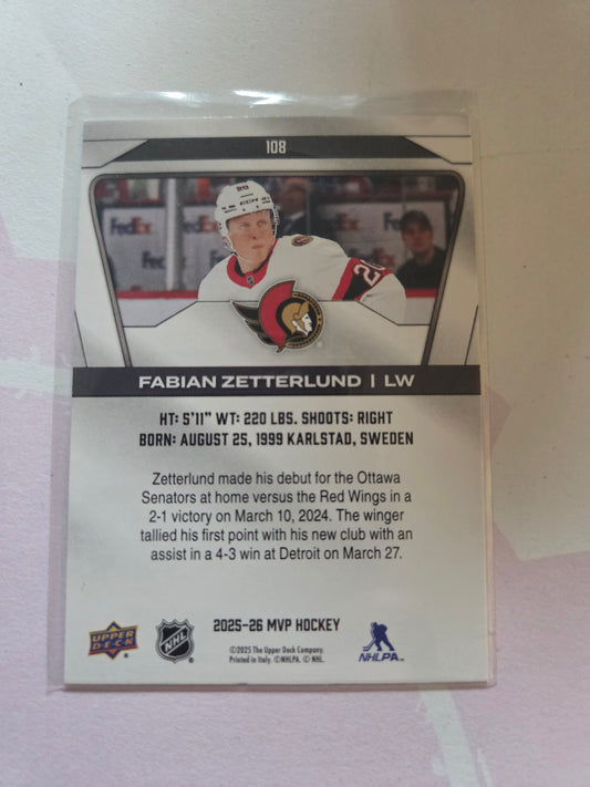 Fabian Zetterlund Upper Deck MVP Hockey #108 [Ottawa Senators]
