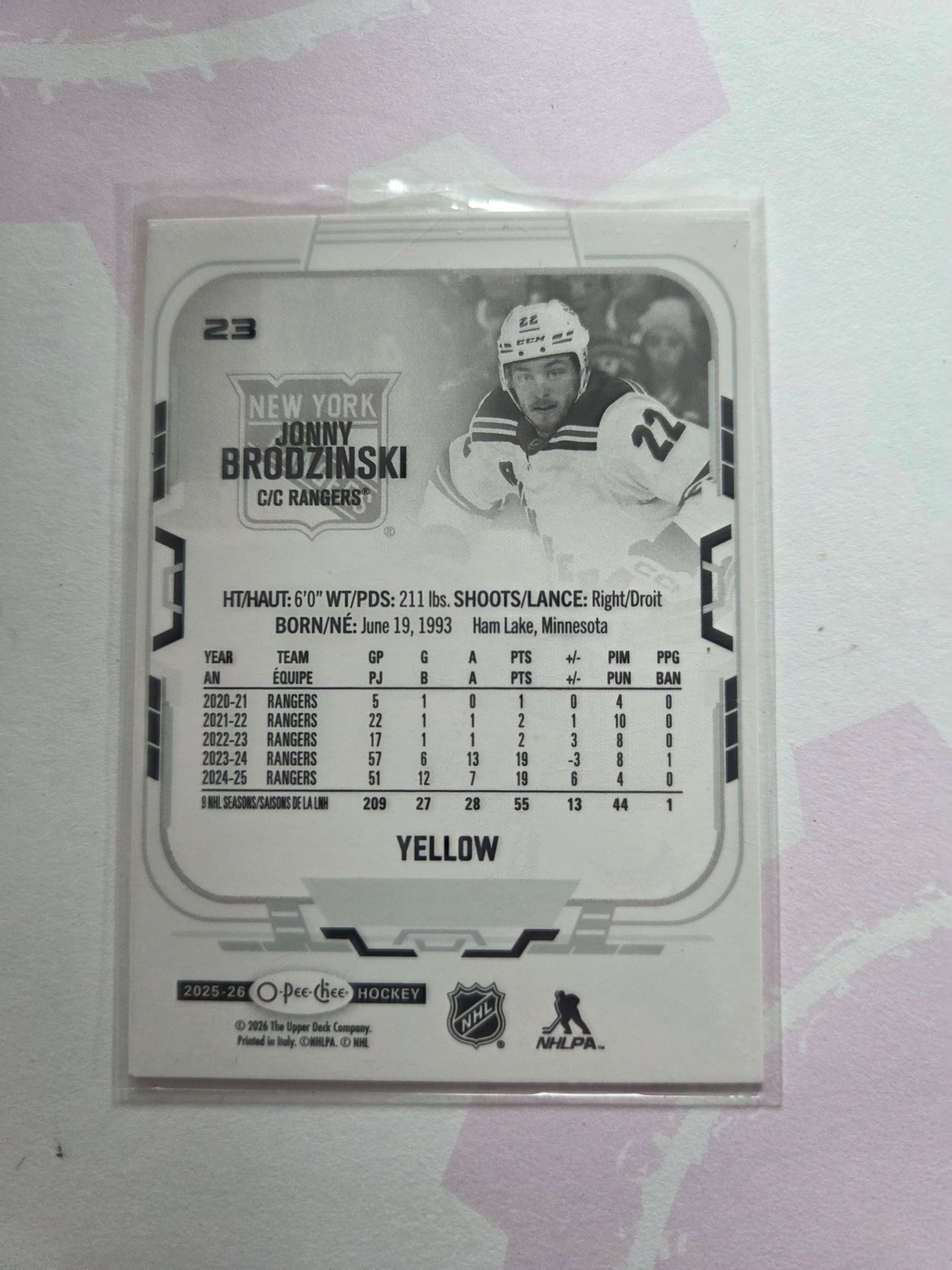 Jonny Brodzinski Yellow O-Pee-Chee Hockey #23 [New York Rangers]