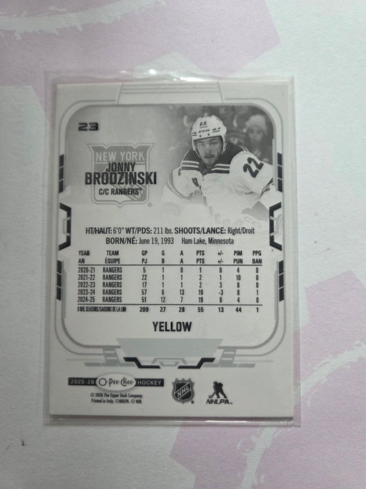 Jonny Brodzinski Yellow O-Pee-Chee Hockey #23 [New York Rangers]