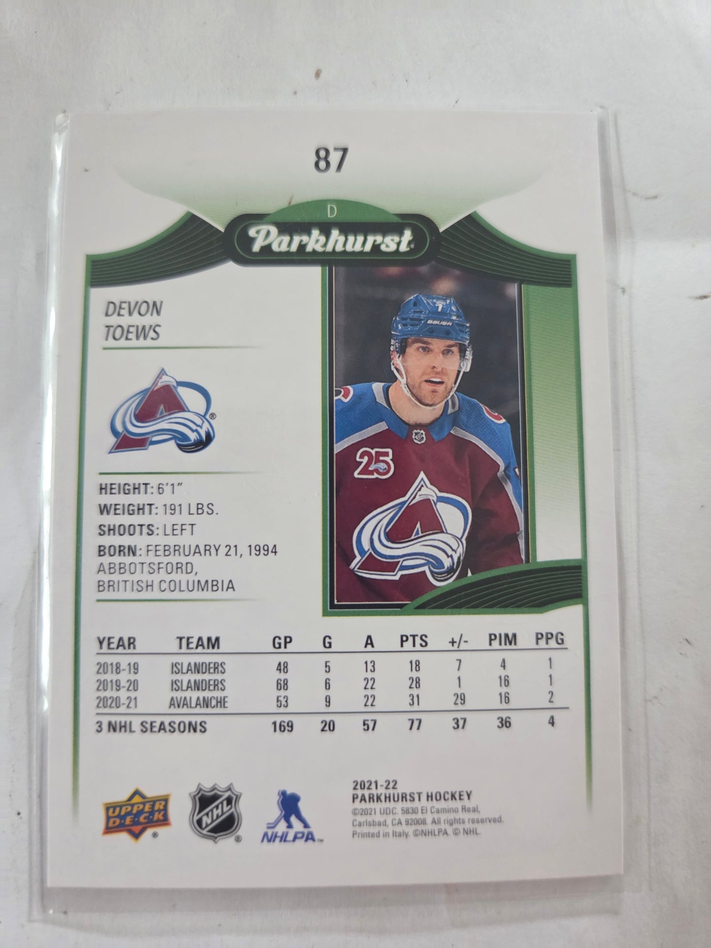 Devon Toews Upper Deck Parkhurst Hockey #87 [Colorado Avalanche]
