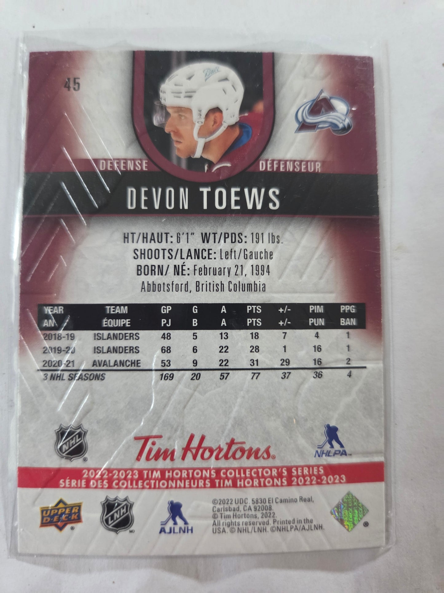 Devon Toews Upper Deck Tim Hortons #45 [Colorado Avalanche]