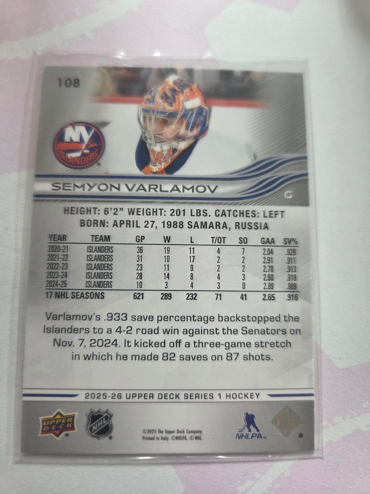 Semyon Varlamov Upper Deck Series 1 #108 [New York Islanders]