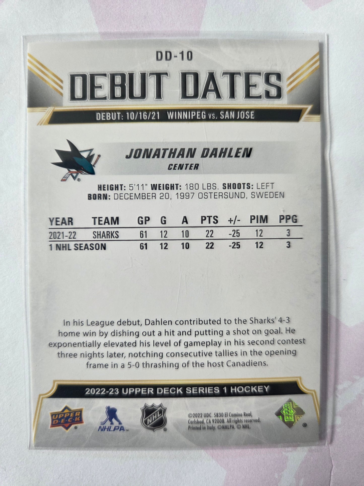 Jonathan Dahlen Upper Deck Series 1 Debut Dates [San Jose Sharks]