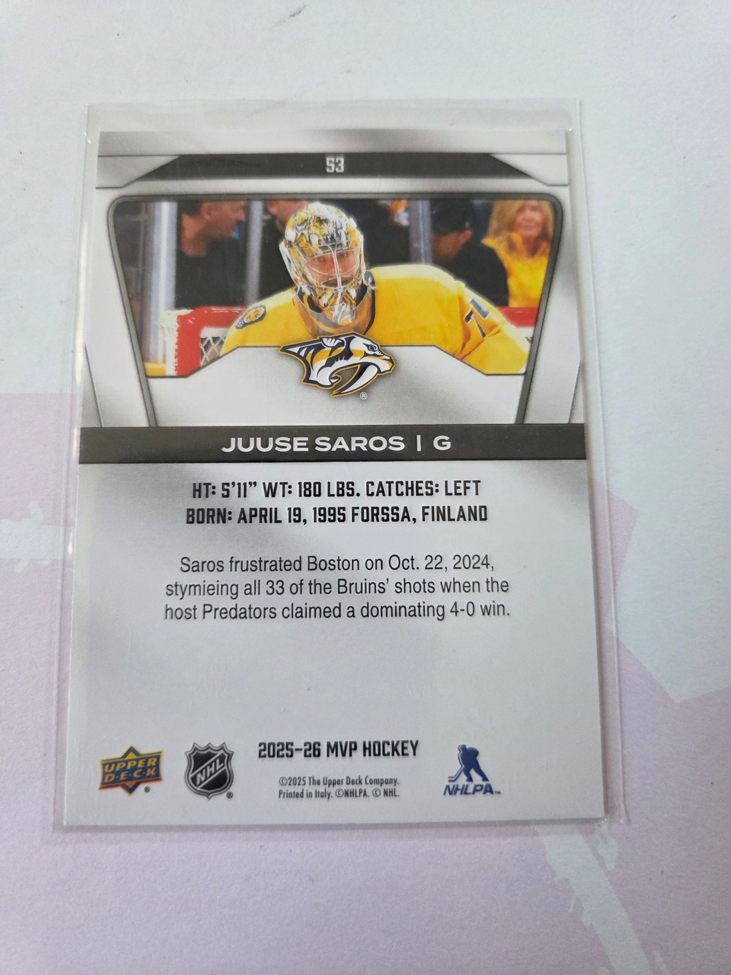 Juuse Saros Upper Deck MVP Hockey #53 [Nashville Predators]