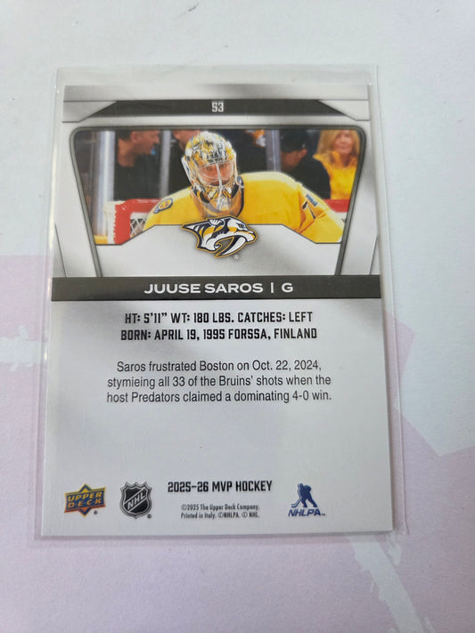 Juuse Saros Upper Deck MVP Hockey #53 [Nashville Predators]