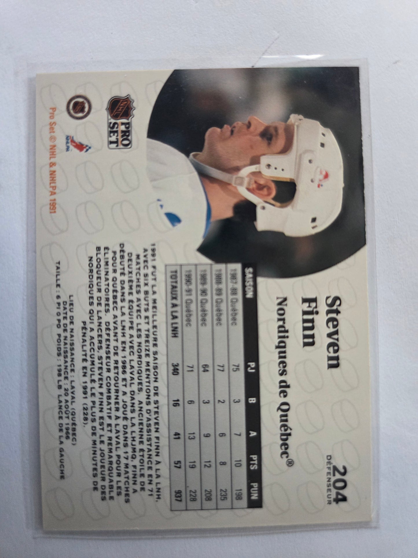 Steve Finn French NHL Pro Set #204 [Quebec Nordiques]
