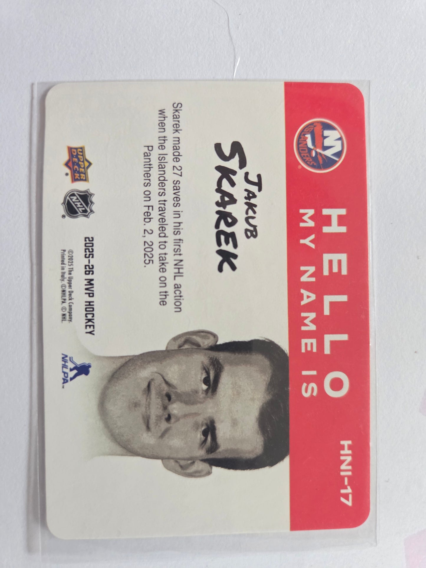 Jakub Skarek Upper Deck MVP Hockey Hello My Name Is [New York Islanders]