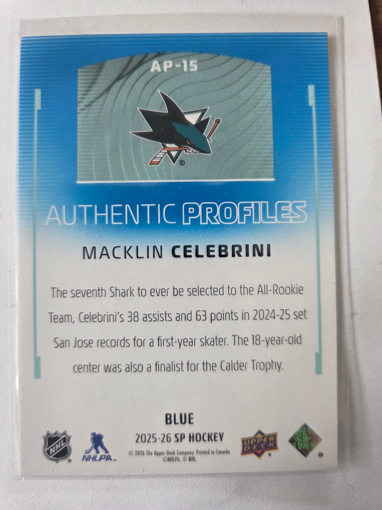 Macklin Celebrini SP Hockey Blue Authentic Profiles [San Jose Sharks]
