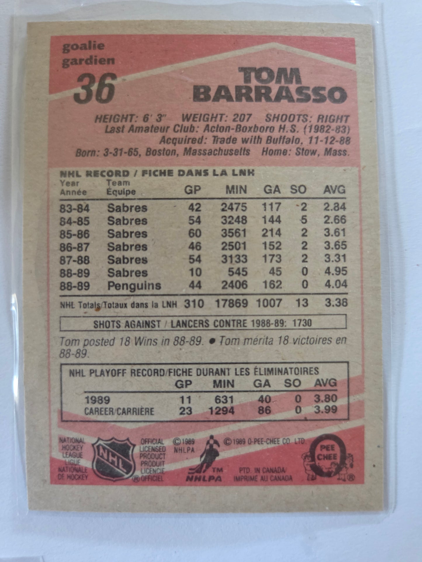 Tom Barrasso O-Pee-Chee Hockey #36 [Pittsburgh Penguins]