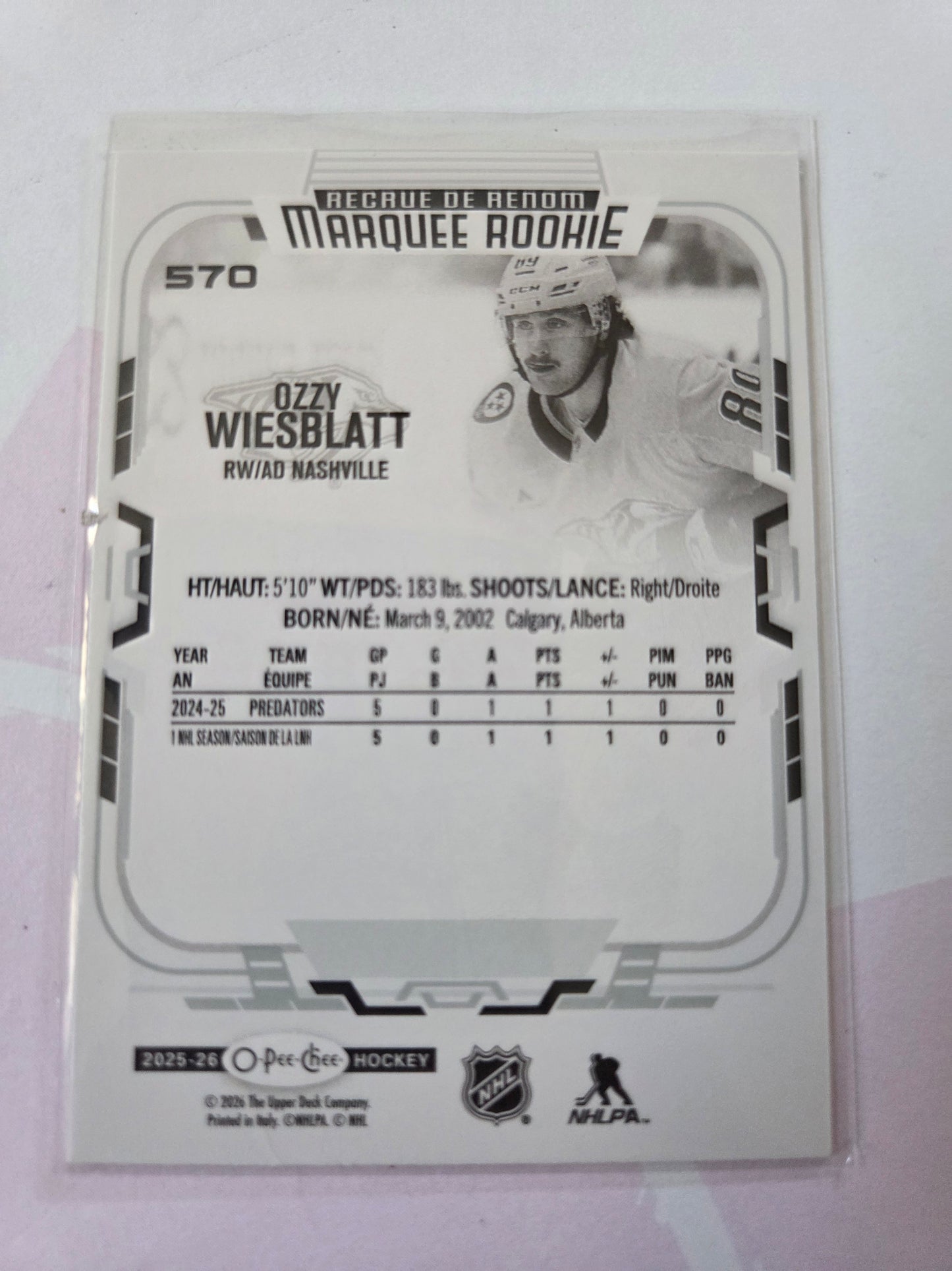 Ozzy Wiesblatt O-Pee-Chee Hockey Marquee Rookie #570 [Nashville Predators]