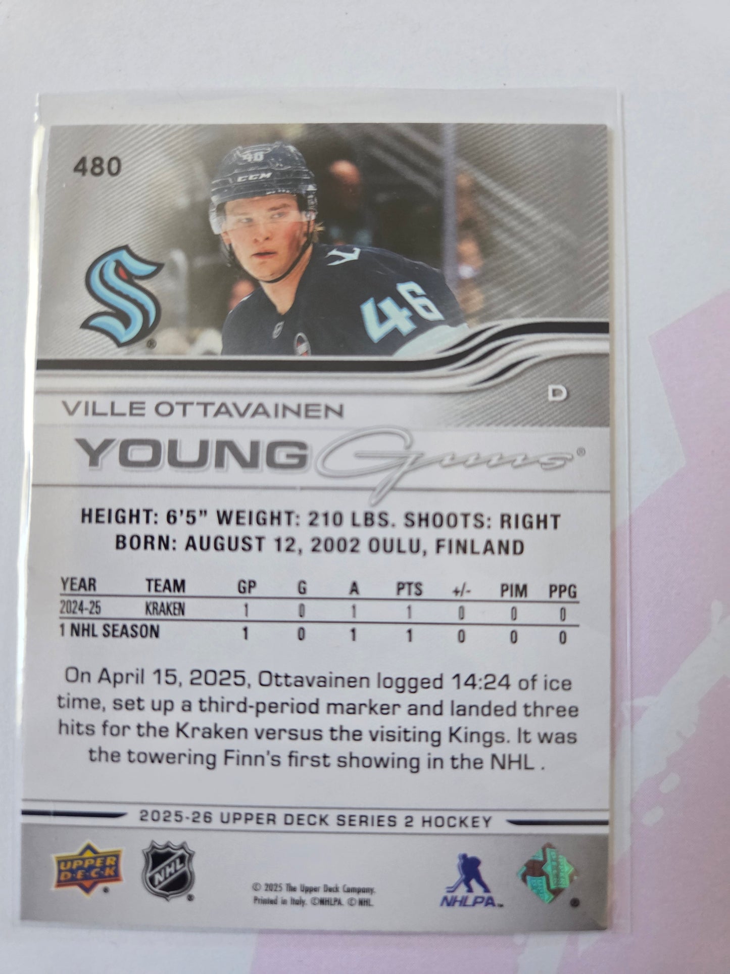 Ville Ottavianen Upper Deck Series 2 Young Gunns #480 [Seattle Kraken]