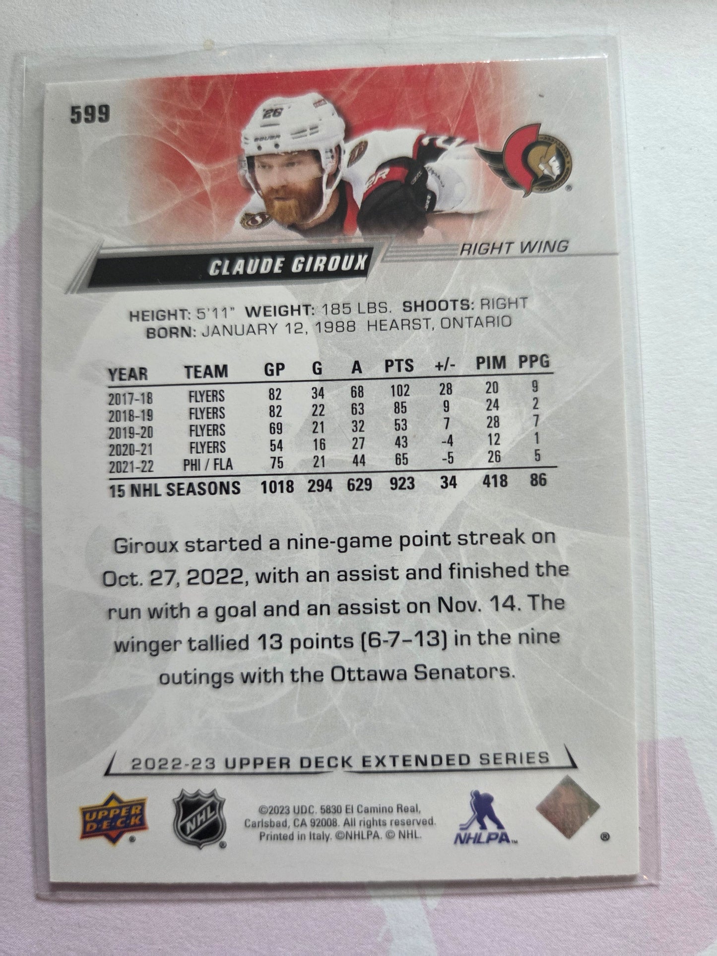 Claude Giroux Upper Deck Extended Series #599 [Ottawa Senators]