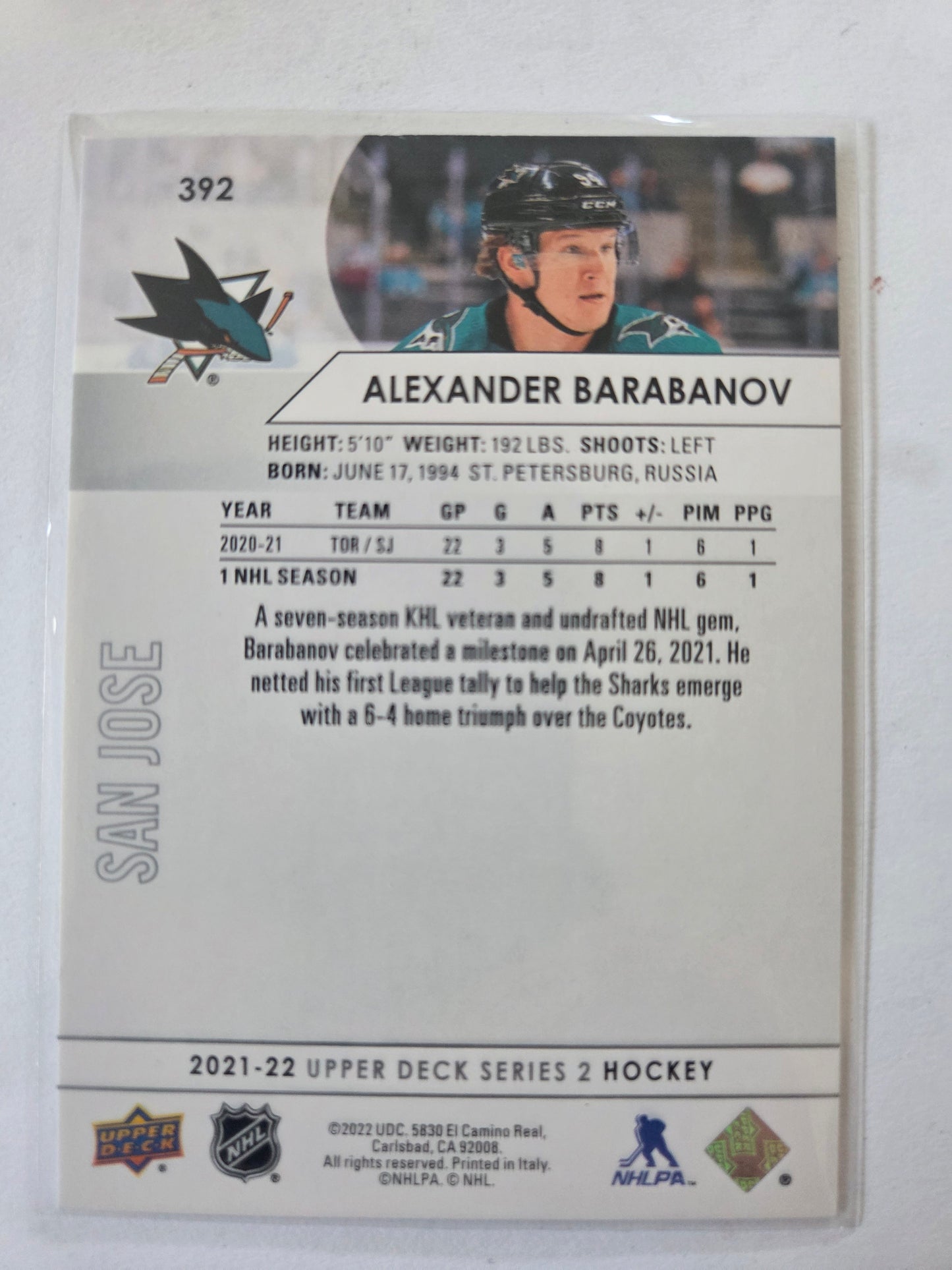 Alexander Barabanov Upper Deck Series 2 #392 [San Jose Sharks]
