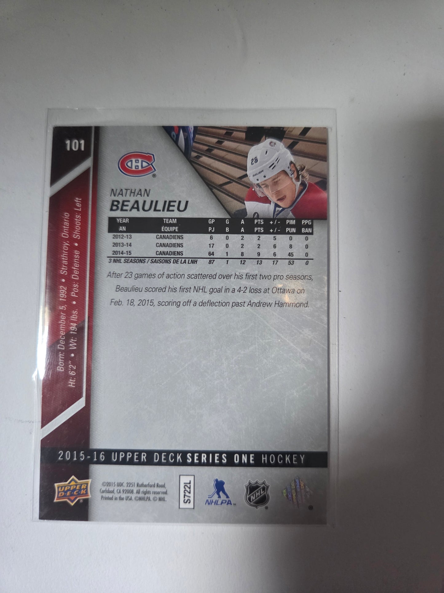 Nathan Beaulieu Upper Deck Series One Hockey #101 [Montreal Canadians]