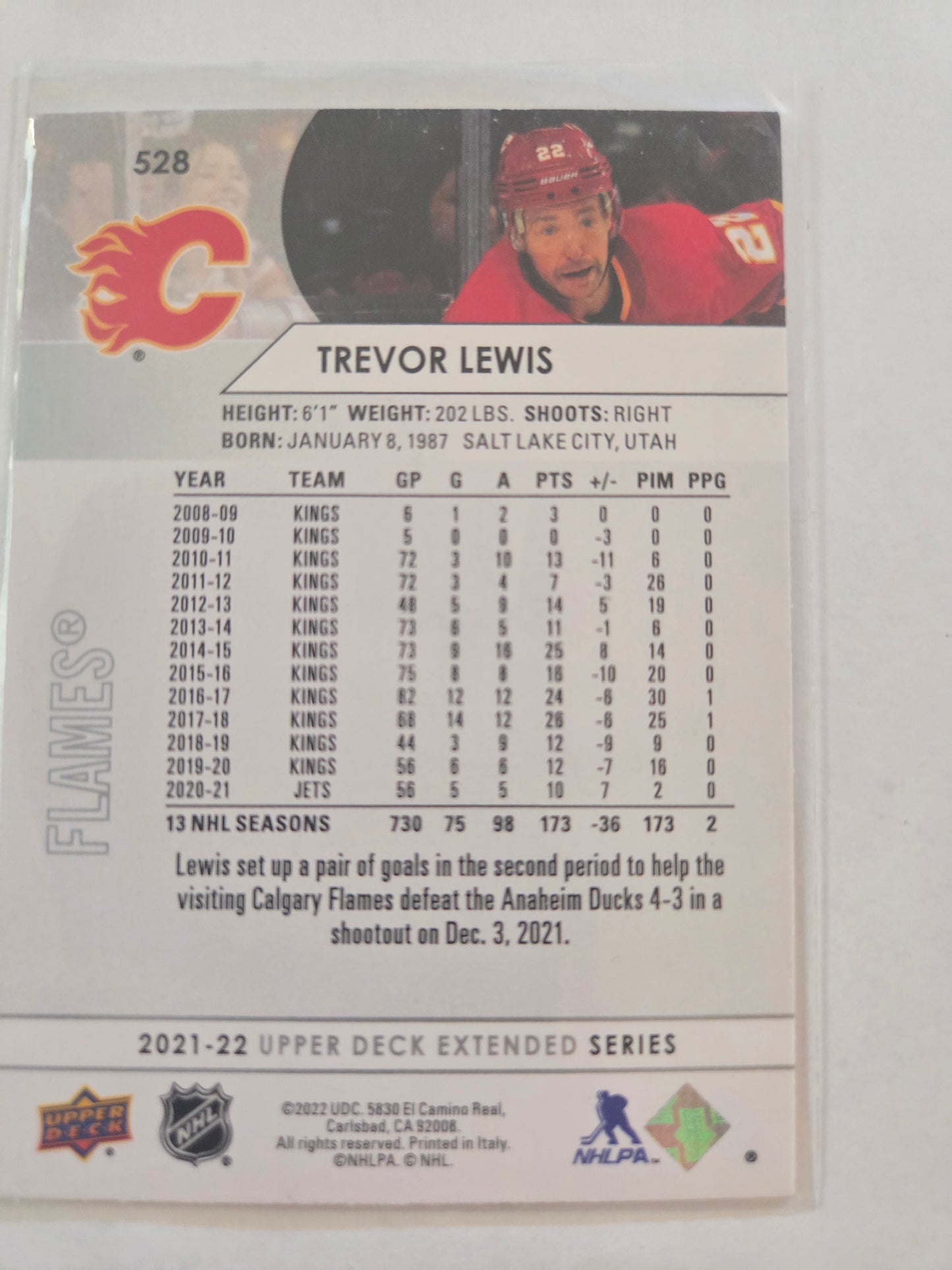 Trevor Lewis Upper Deck Extended Series #528 [Calgary Flames]