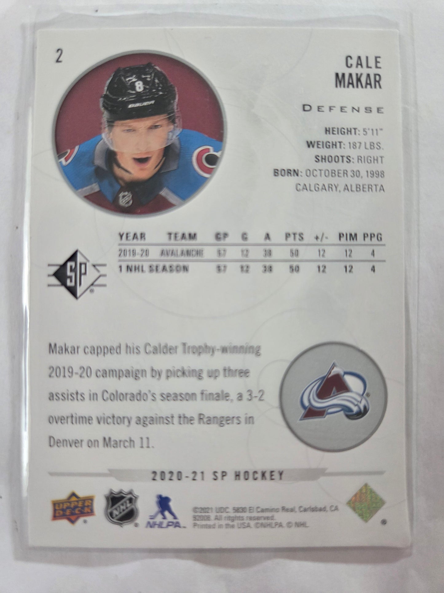 Cale Makar Upper Deck SP Hockey #2 [Colorado Avalanche]