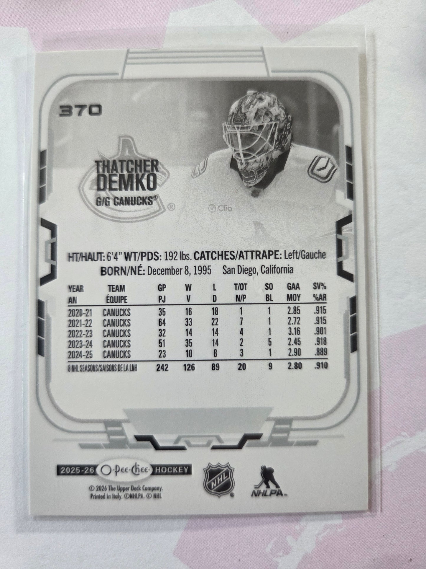 Thatcher Demko O-Pee-Chee Hockey #370 [Vancouver Canucks]