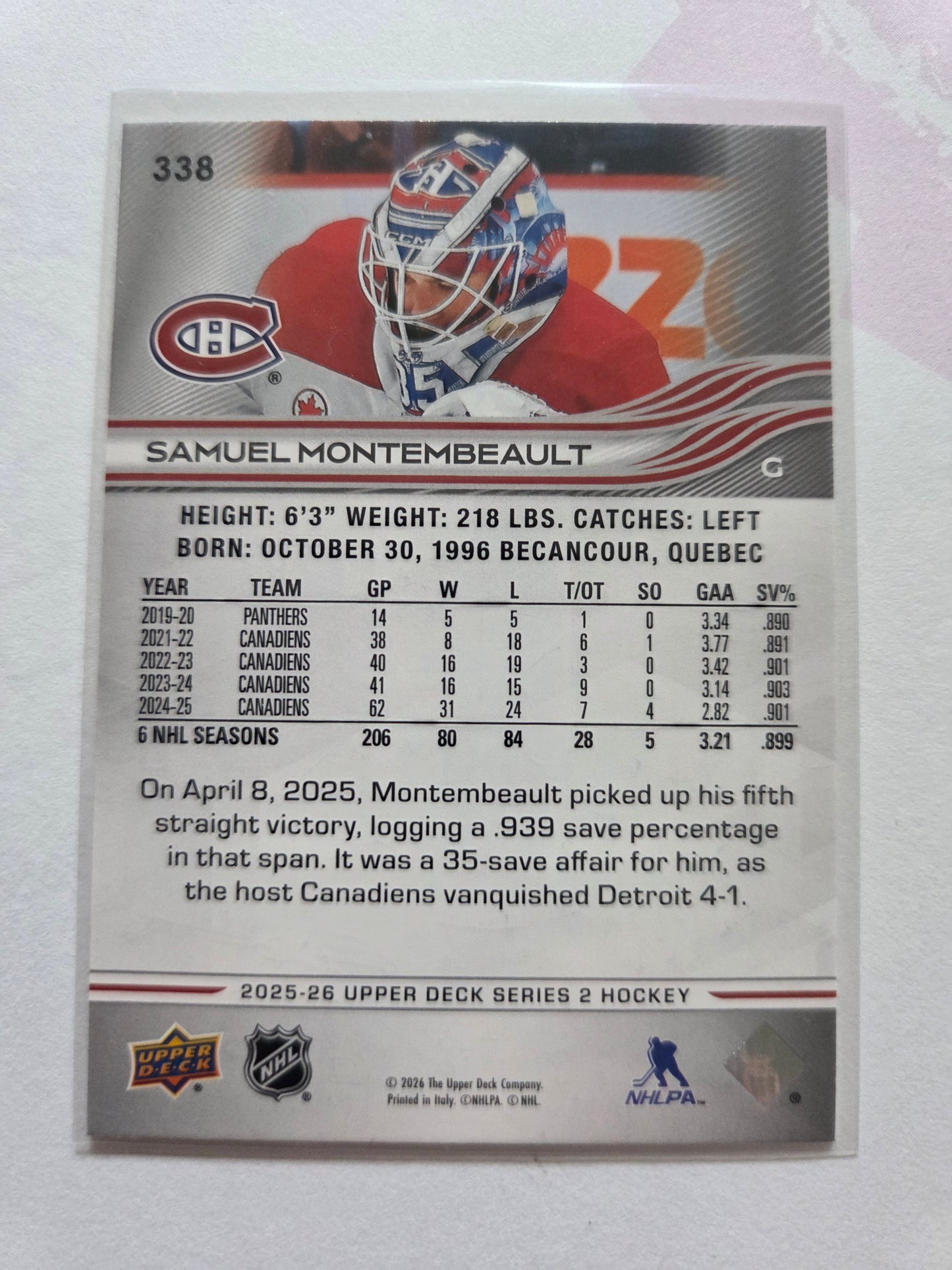 Samuel Montembeault Upper Deck Series 2 #338 [Montreal Canadians]