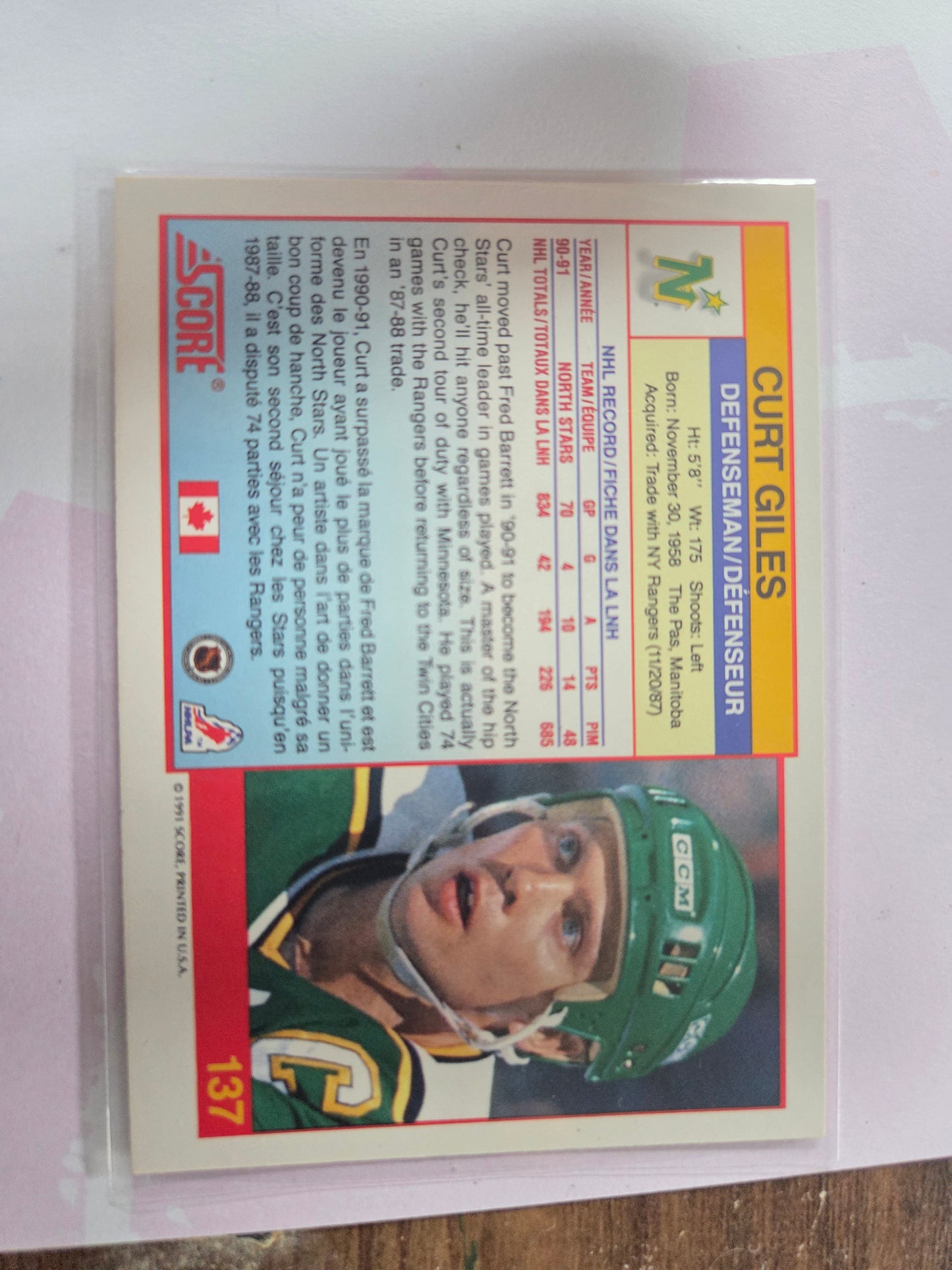 Curt Giles 91 NHL Score #137 [Minnesota North Stars]