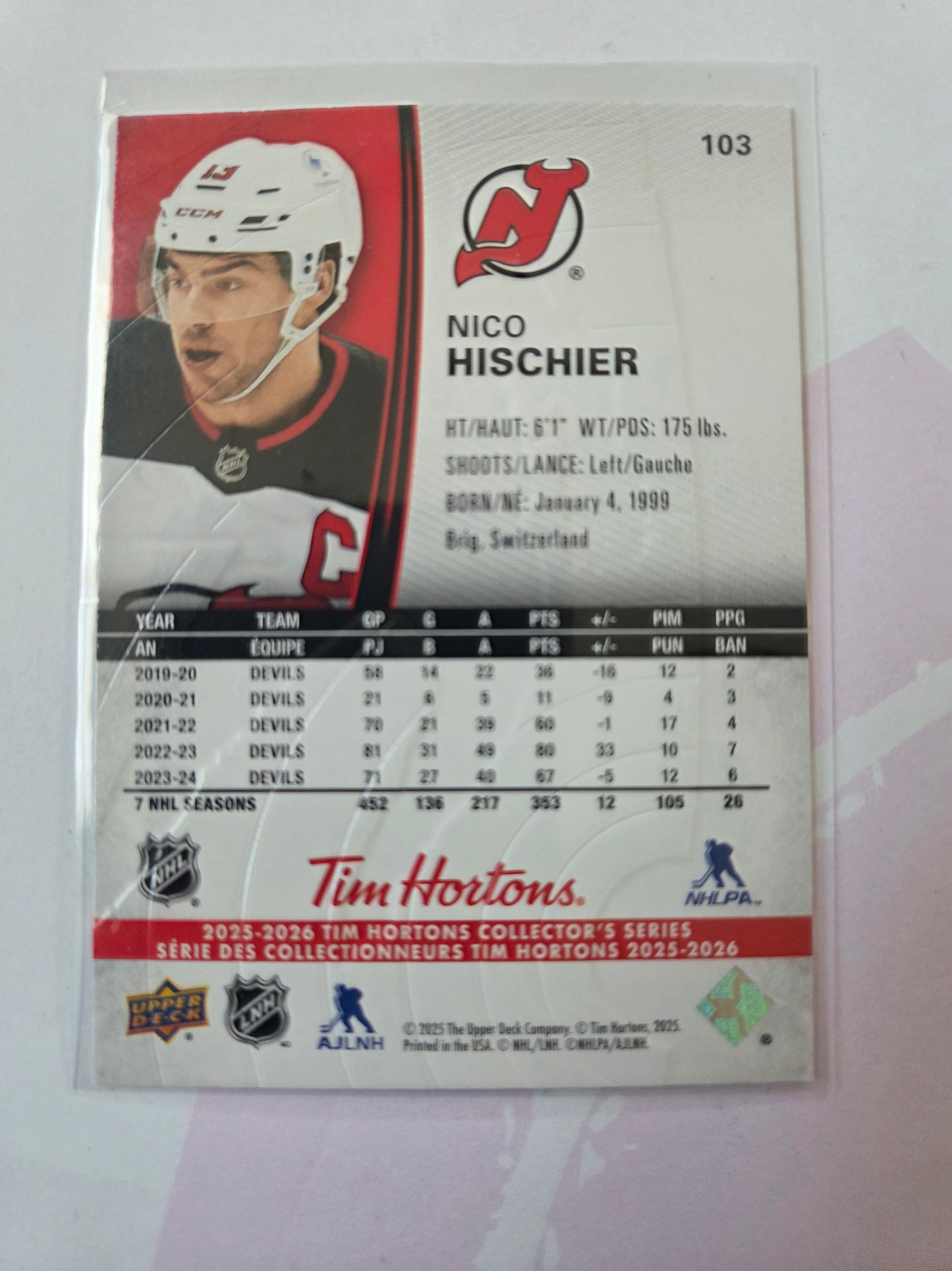 Nico Hischier Tim Hortons Upper Deck #103 [New Jersey Devils]