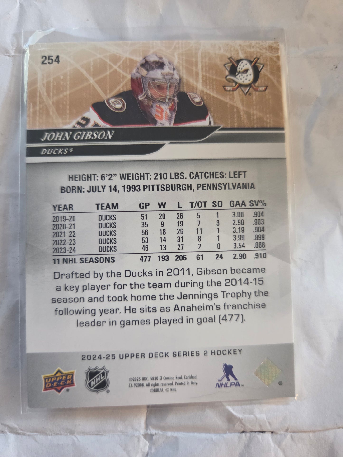 John Gibson Upper Deck Series 2 #254 [Anaheim Ducks]