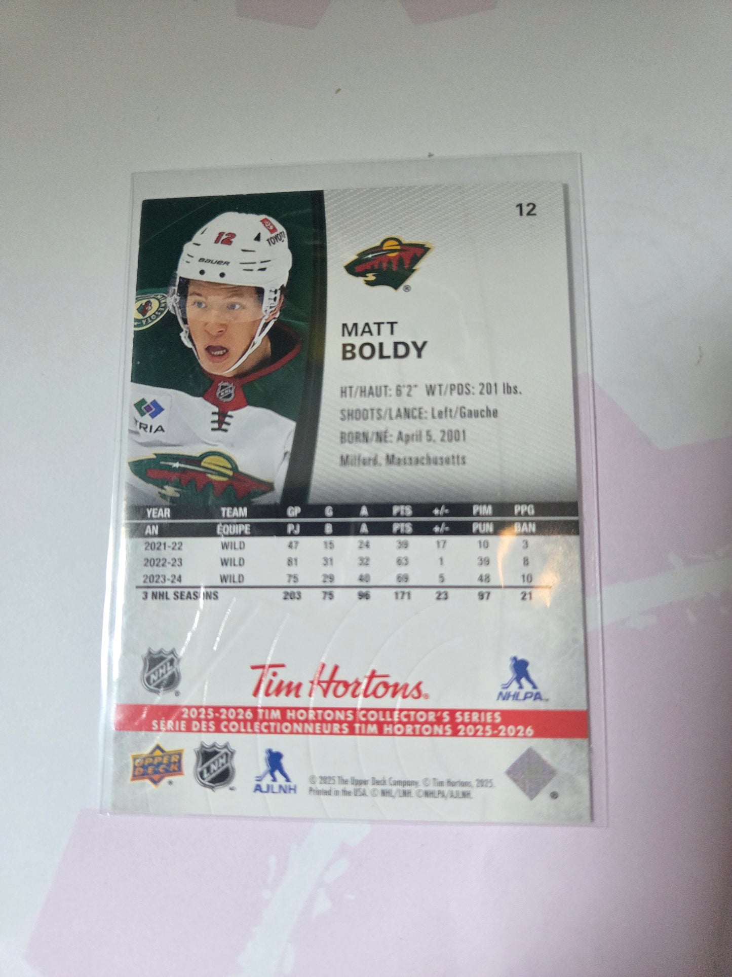 Matt Boldy Upper Deck Tim Hortons #12 [Minnesota Wild]