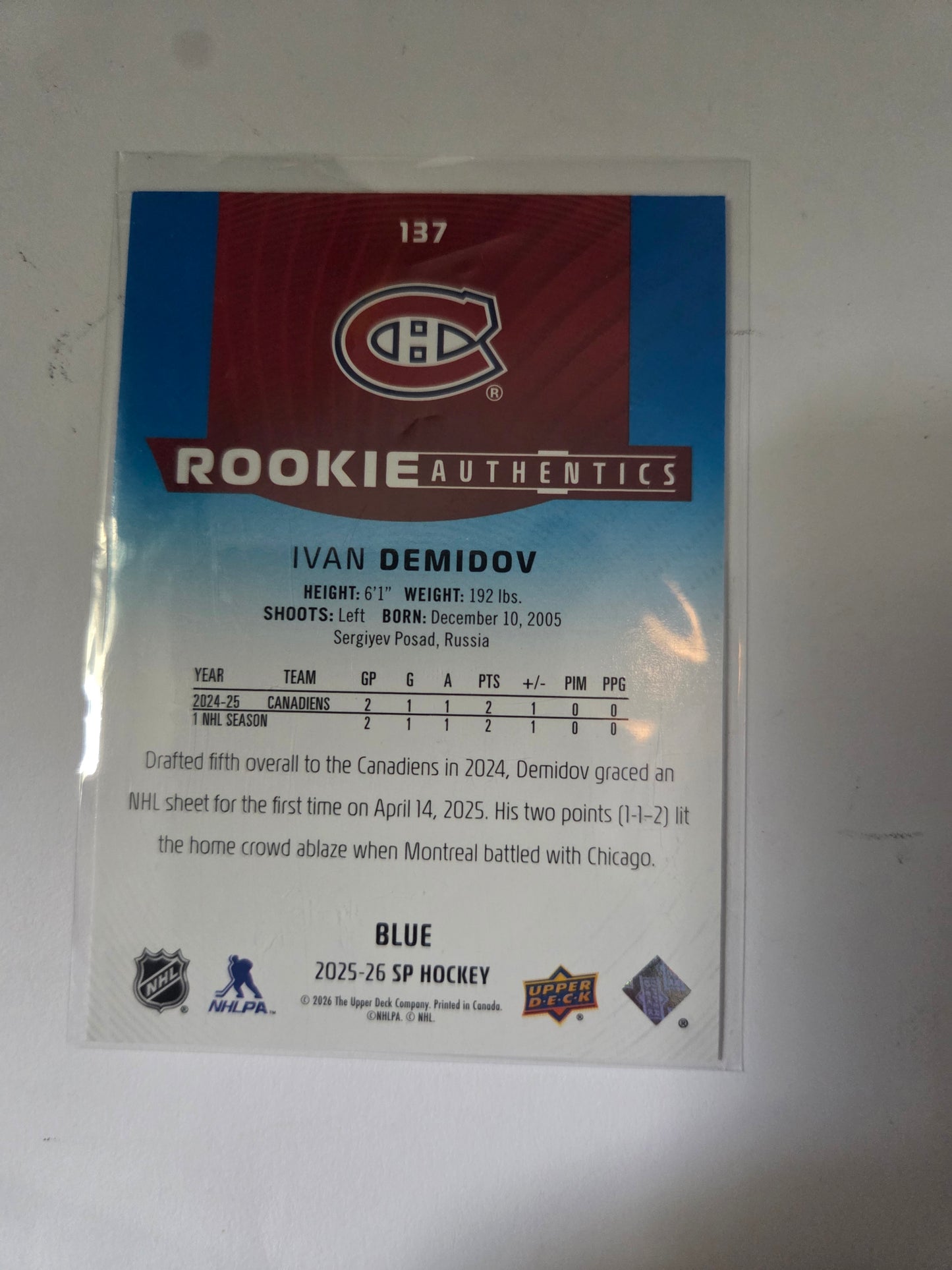Ivan Demidov Blue SP Hockey Rookie Authentics #137 [Montreal Canadians]