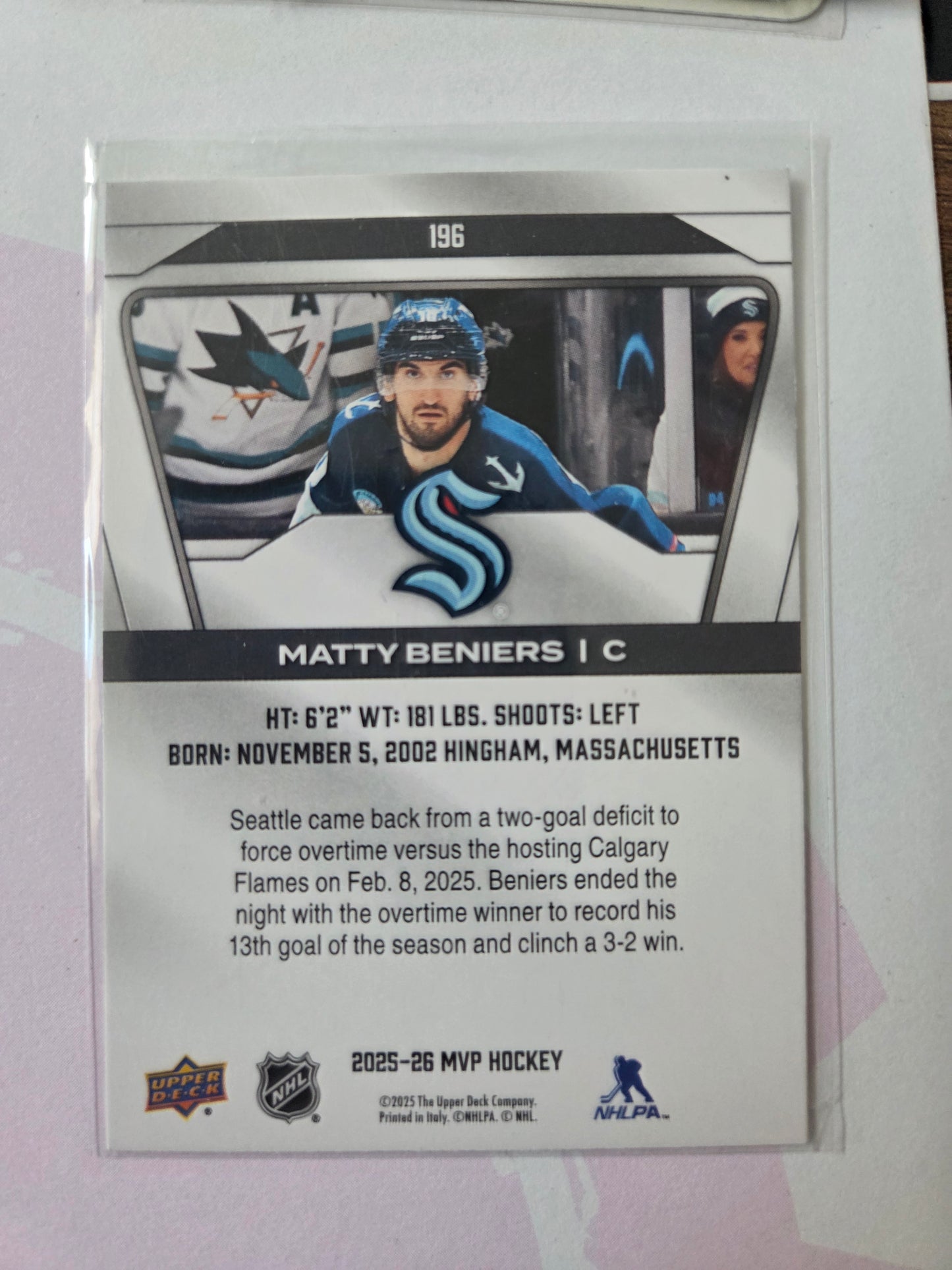 Matty Beniers Upper Deck MVP Hockey #196 [Seattle Kraken]