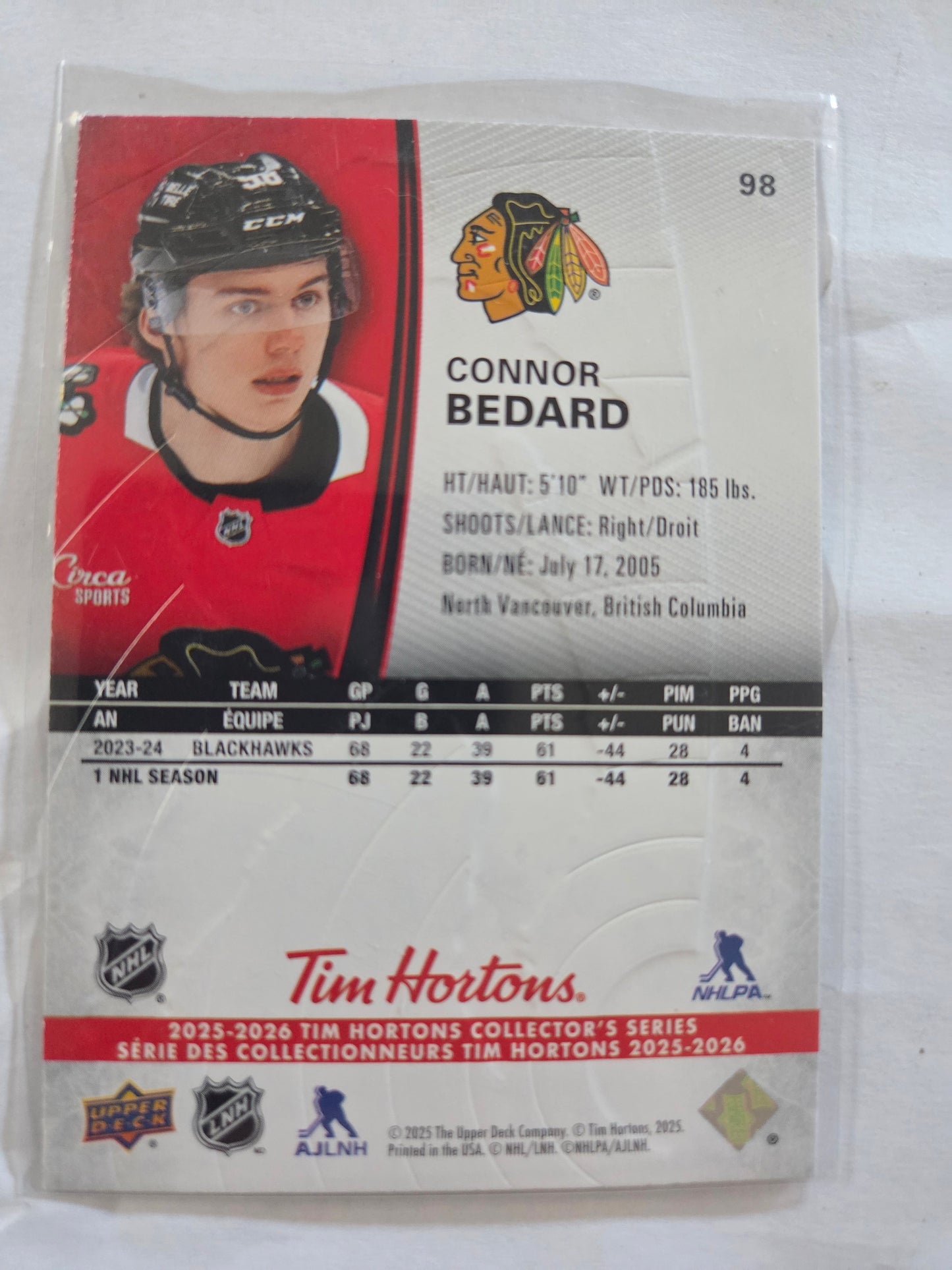 Connor Bedard Upper Deck Tim Hortons #98 [Chicago Blackhawks]