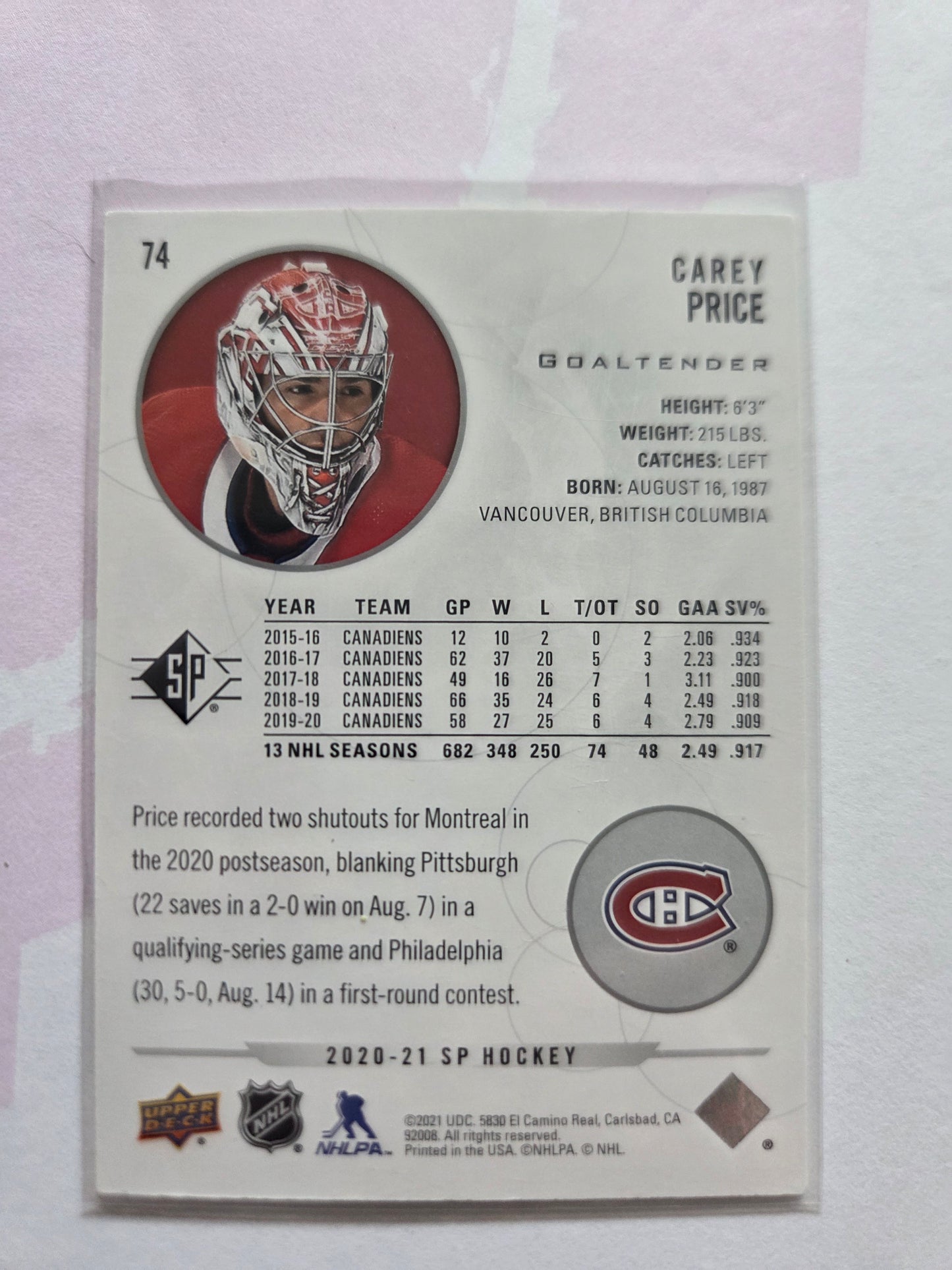 Carey Price SP Hockey #74 [Montreal Canadians]