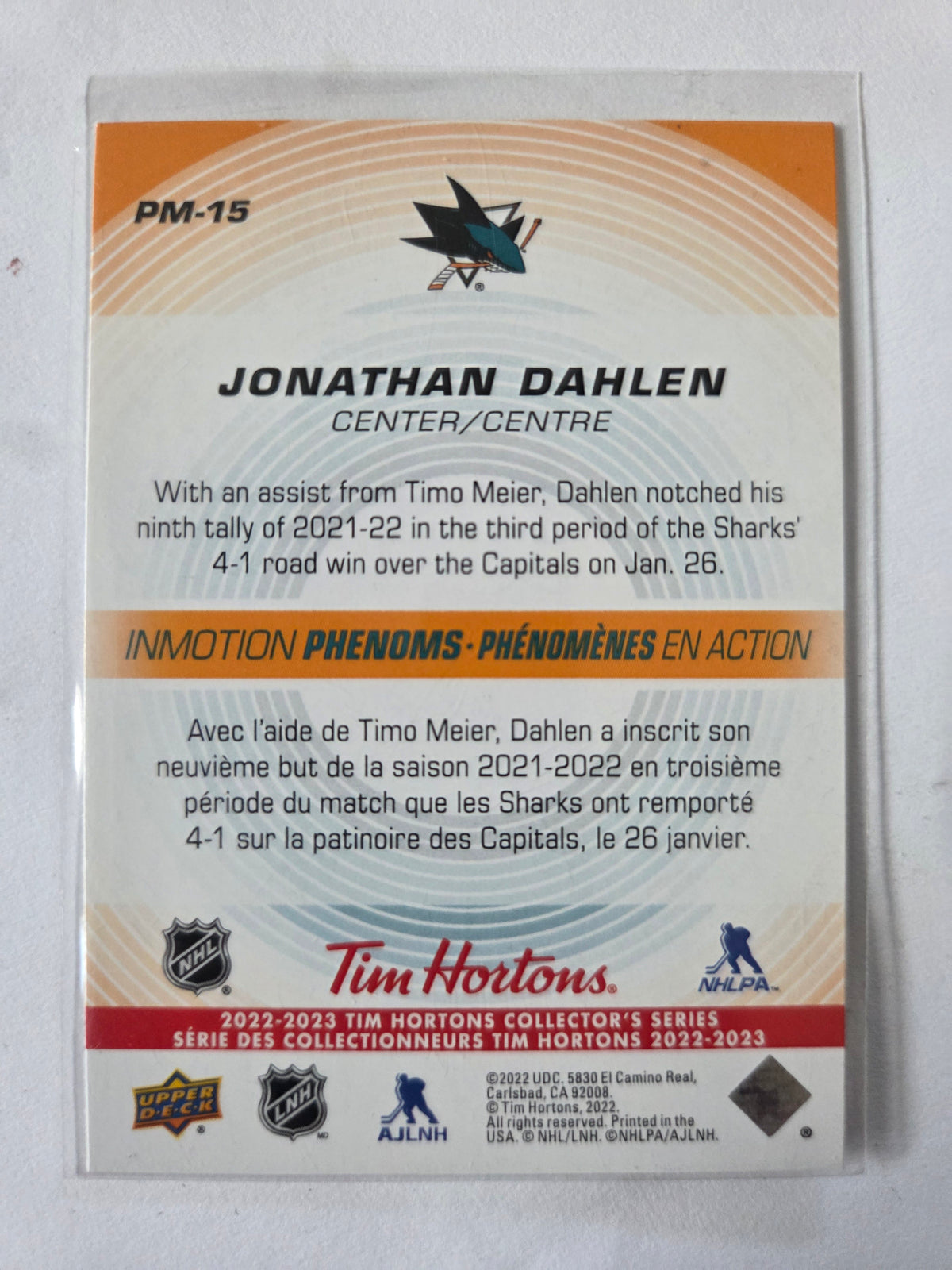 Jonathan Dahlen Upper Deck Inmotion Phenoms [San Jose Sharks]