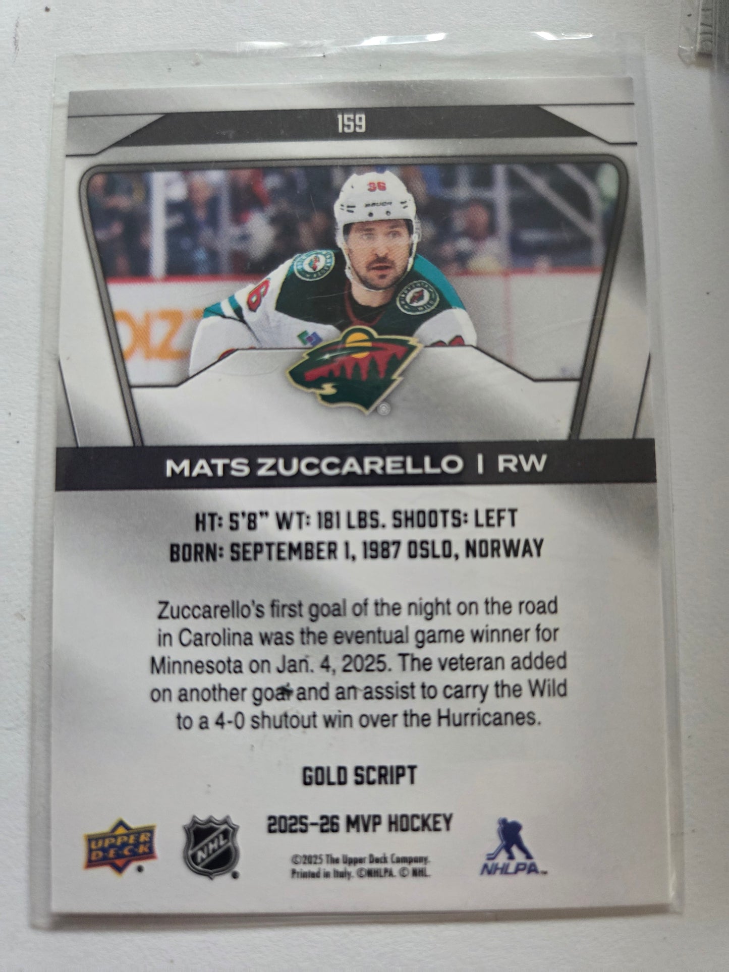 Mats Zuccarelle Upper Deck MVP Hockey Signed Gold Script #159 [Minnesota Wild]