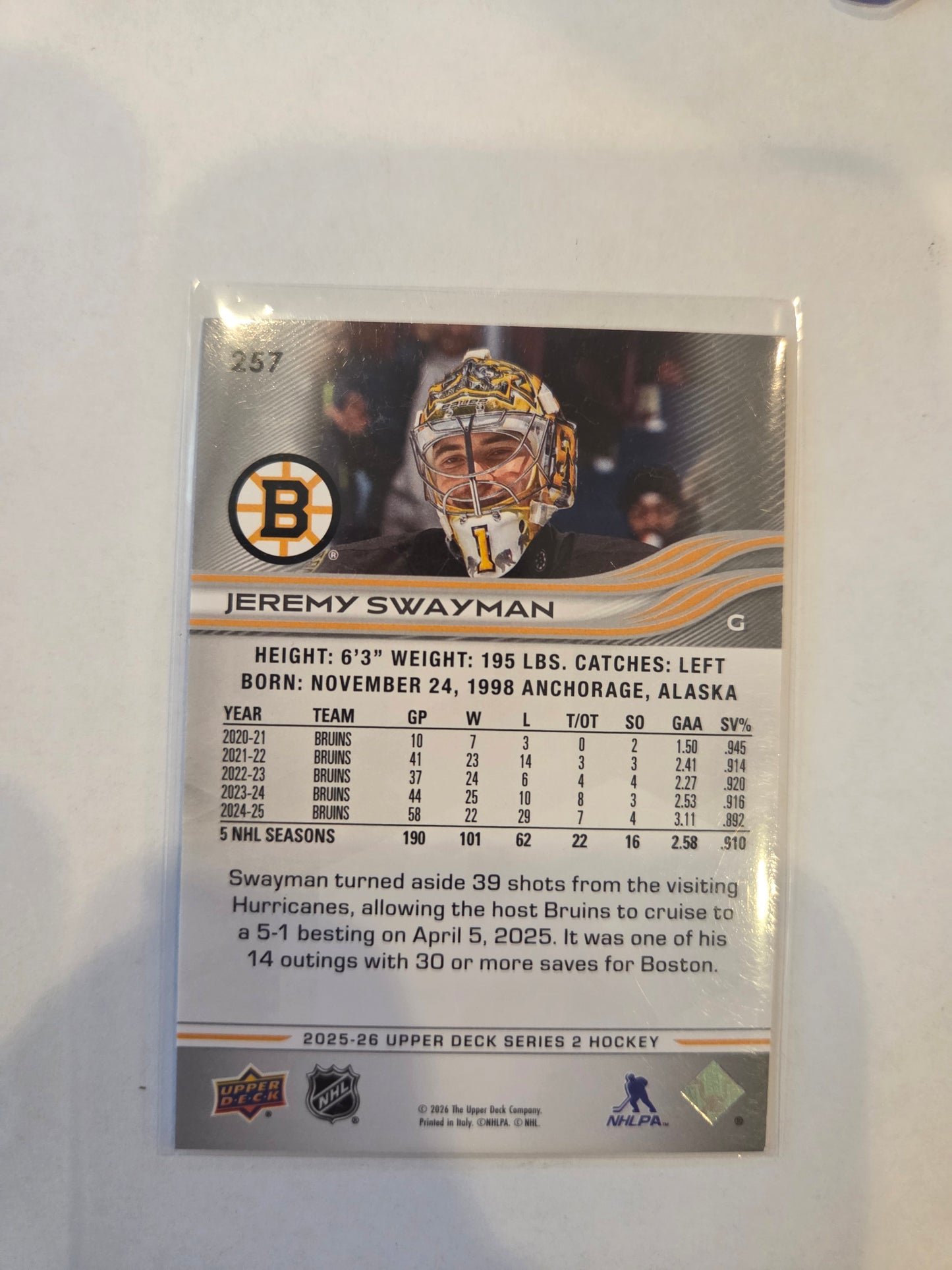Jeremy Swayman Upper Deck Series 2 #257 [Boston Bruins]