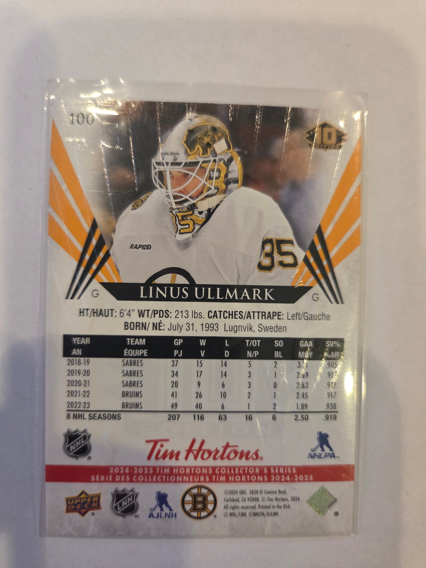 Linus Ullmark Upper Deck 10th Edition #100 [Boston Bruins]