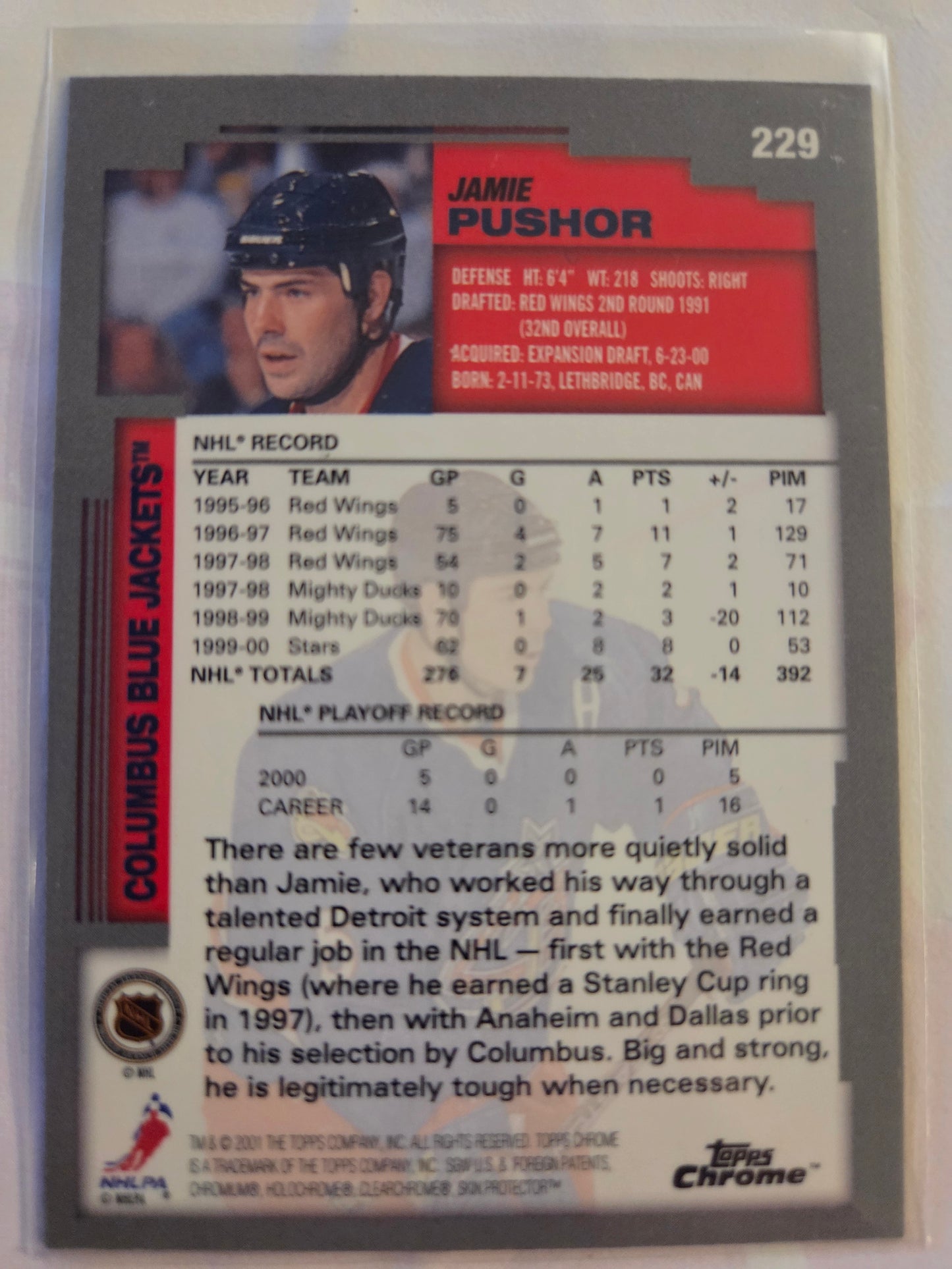 Jamie Pushor Topps Chrome Expansion Team #229 [Columbus Blue Jackets]