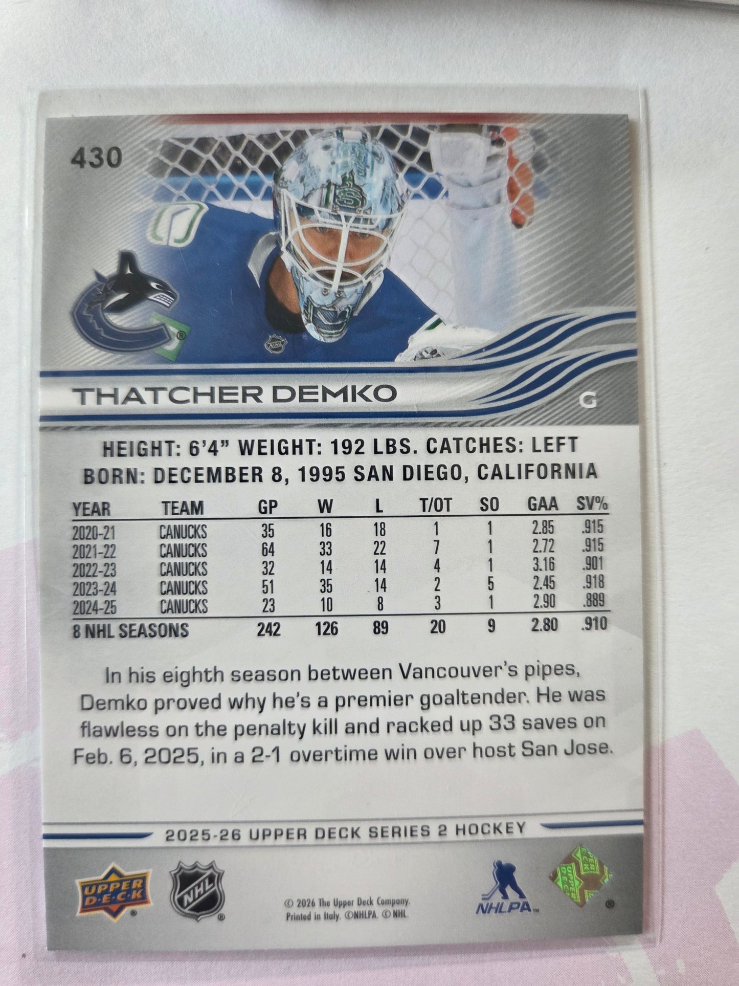 Thatcher Demko Upper Deck Series 2 #430 [Vancouver Canucks]