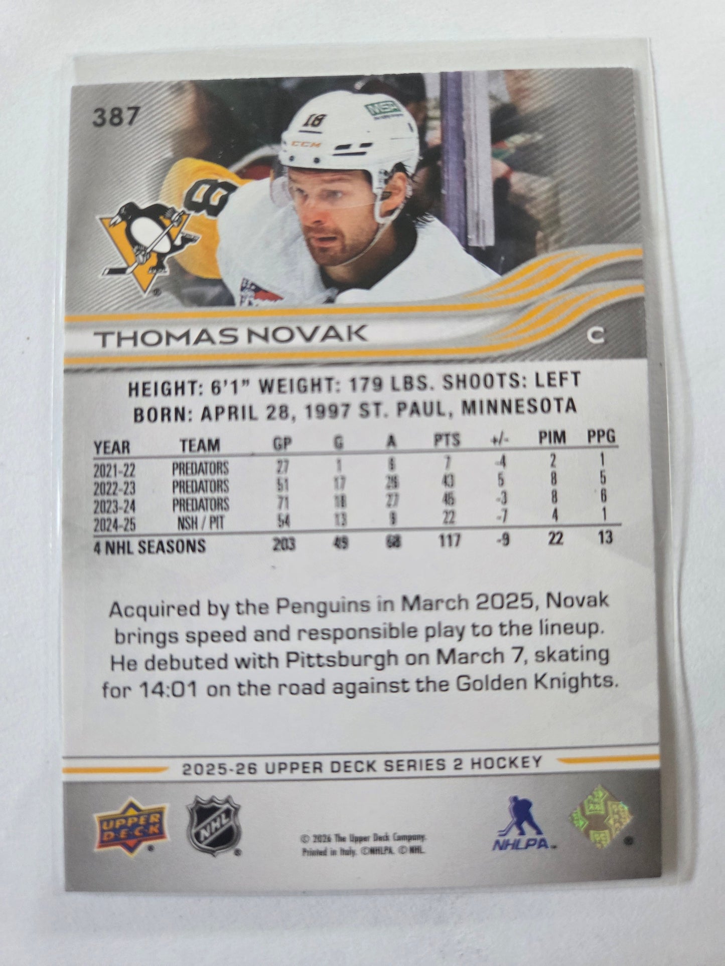 Thomas Novak Upper Deck Series 2 #387 [Pittsburgh Penguins]