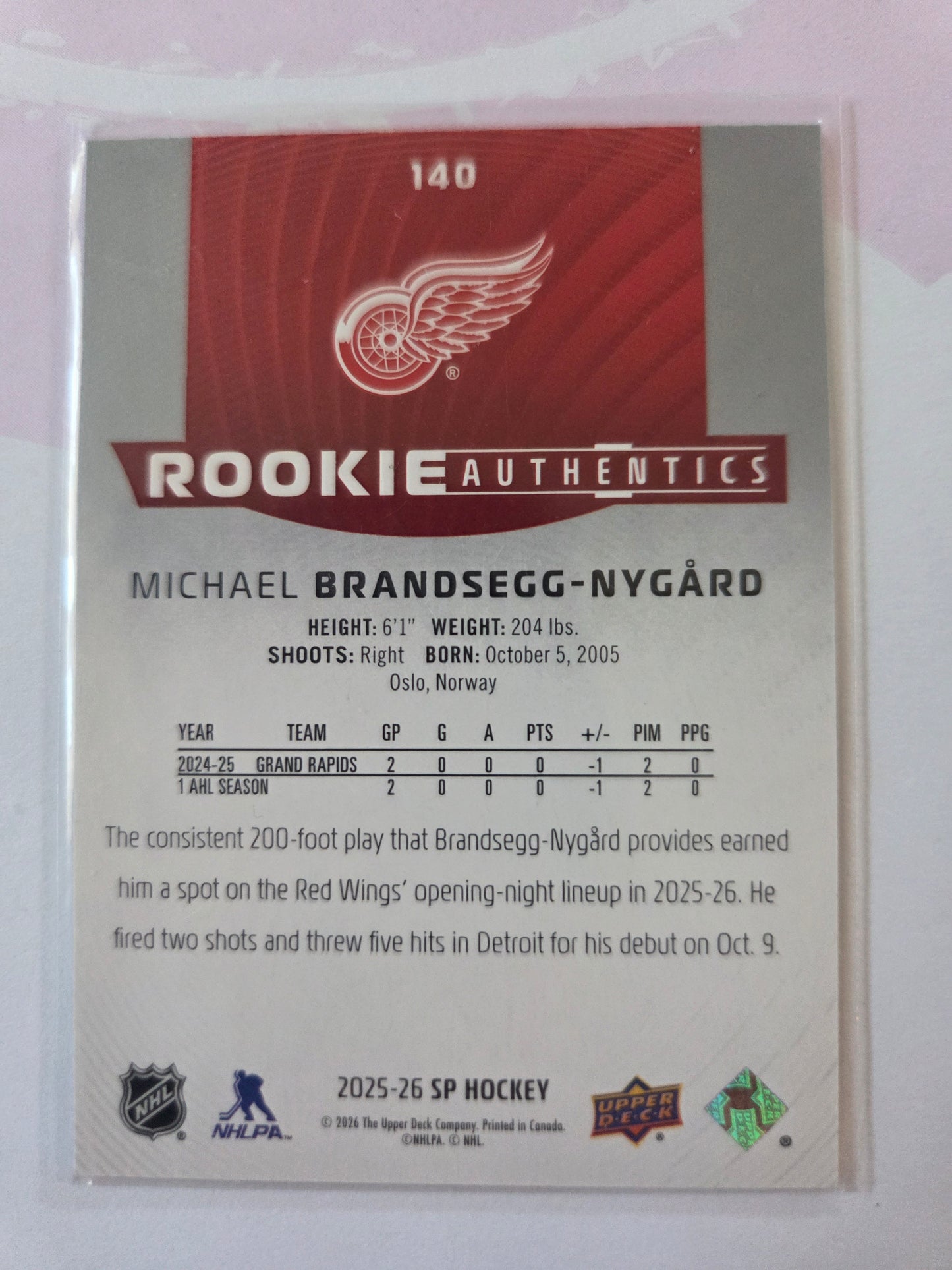 Michael Brandsegg-Nygård SP Hockey Rookie Authentics 0084/1749 #140 [Detroit Red Wings]