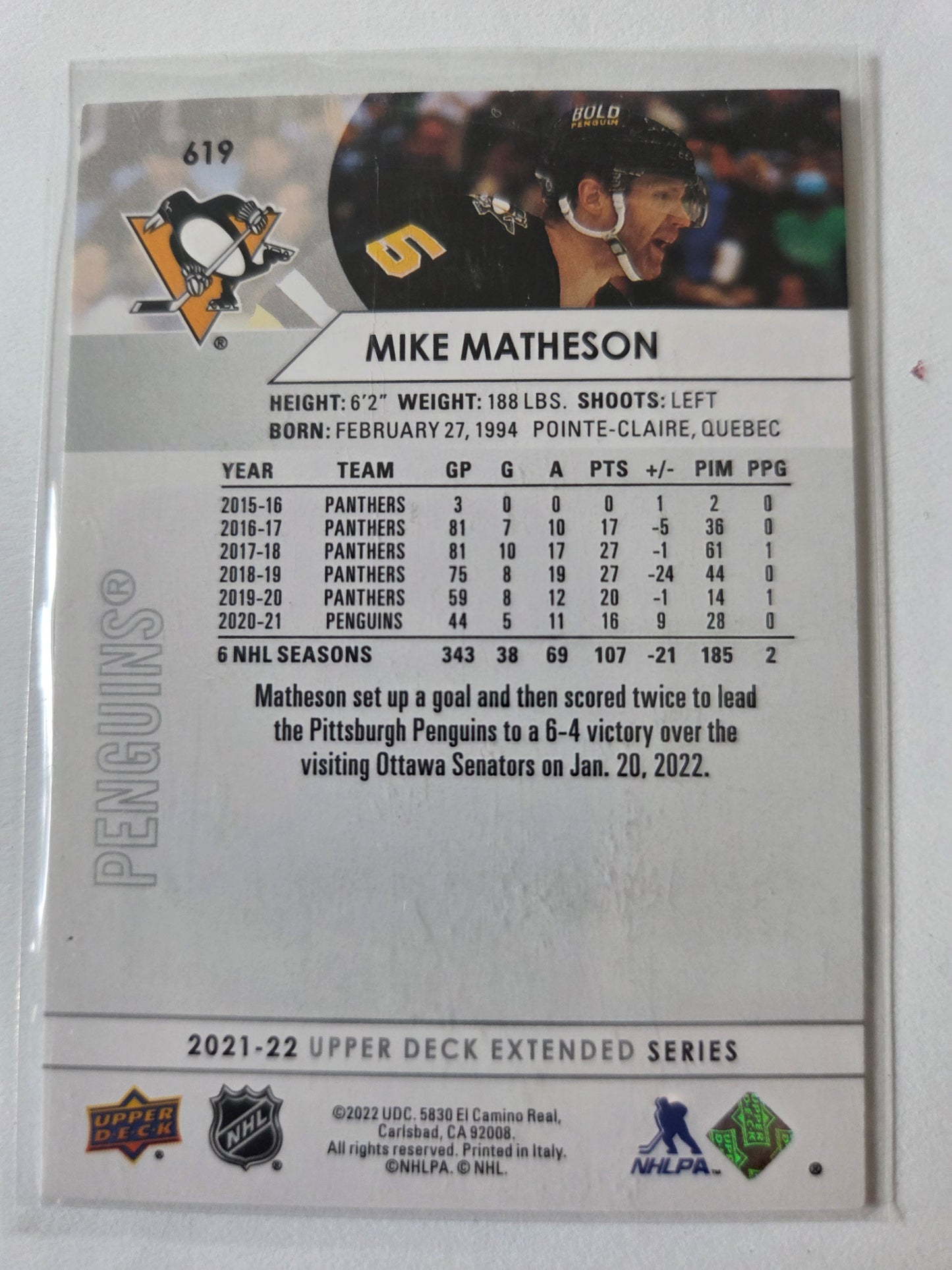 Mike Matheson Upper Deck Extended Series #619 [Pittsburgh Penguins]